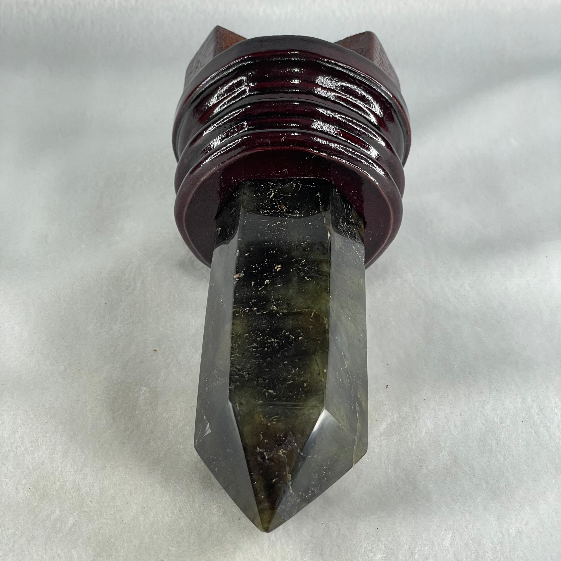 Good Grade Natural Labradorite Tower with Wooden Stand Display 397.7g 150.8 by 71.6 by 69.3mm - Huangs Jadeite and Jewelry Pte Ltd