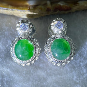 Type A Natural Full Old Mine Spicy Green Jadeite Cabochon 9.2 by 8.1 by 3.5mm Stone for Setting 31.90g (On Silver Earrings Mold) - Huangs Jadeite and Jewelry Pte Ltd