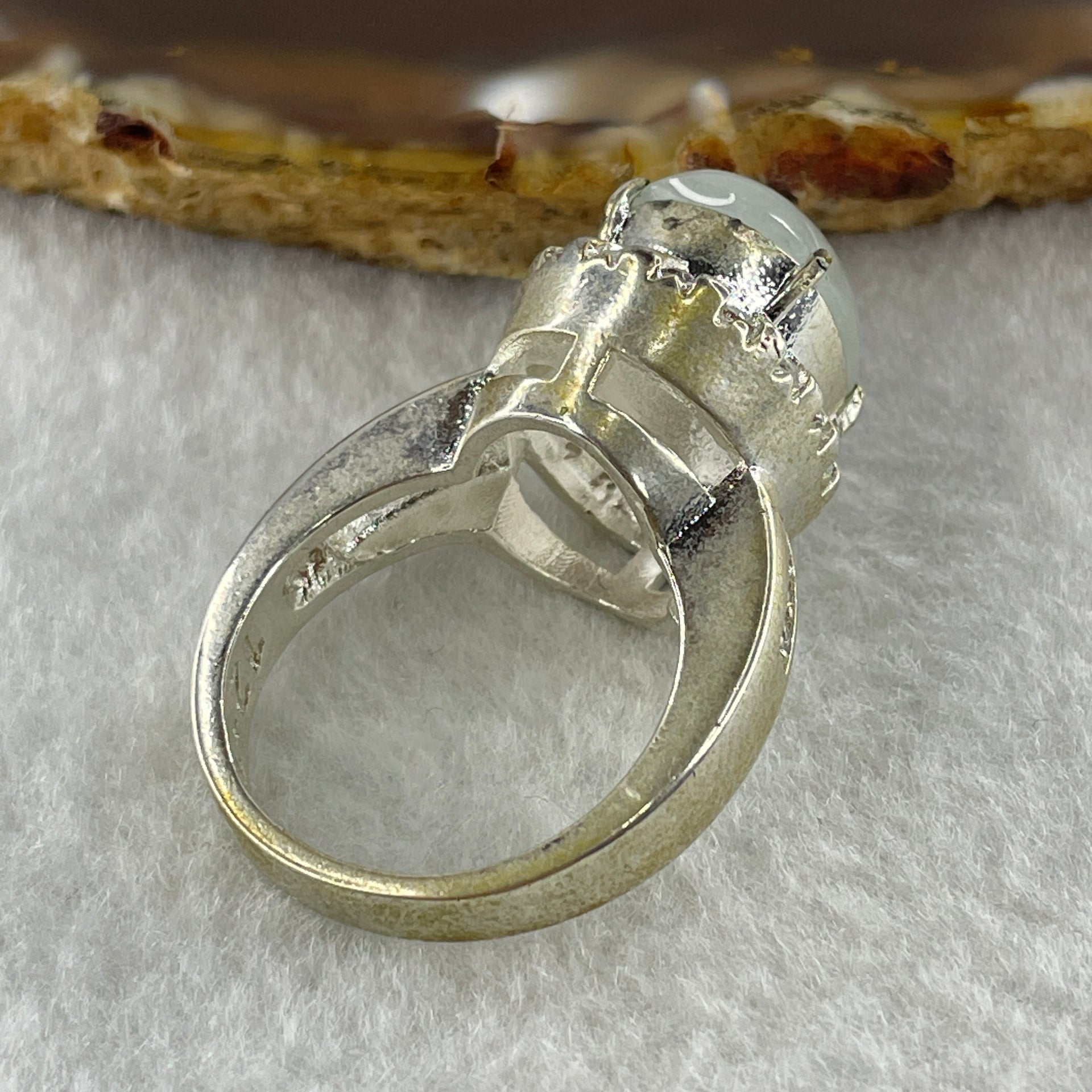 Type A Natural White to Faint Green Jadeite Cabochon 14.5 by 11.7 by 4.0mm Stone for Setting 15.72g (On Silver Ring Mold) US 8.75 HK 19.5 - Huangs Jadeite and Jewelry Pte Ltd