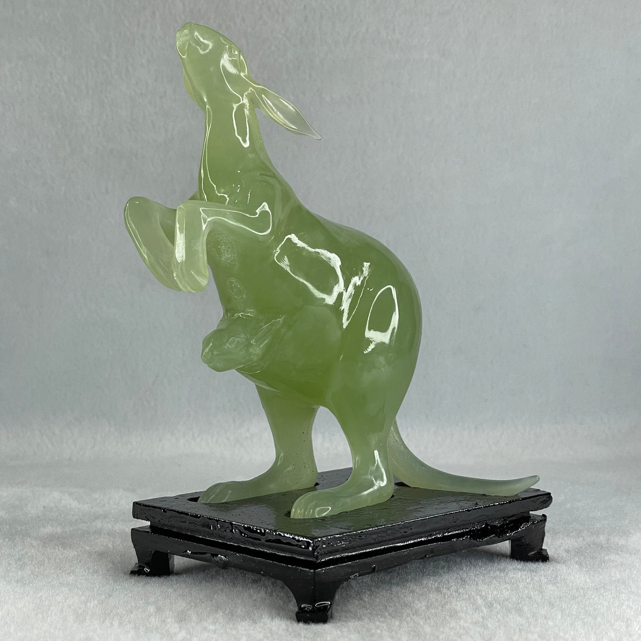 Natural Green Serpentine Kangaroo and Baby with Wooden Stand Display 374.2g 108.0 by 150.0 by 72.0mm - Huangs Jadeite and Jewelry Pte Ltd