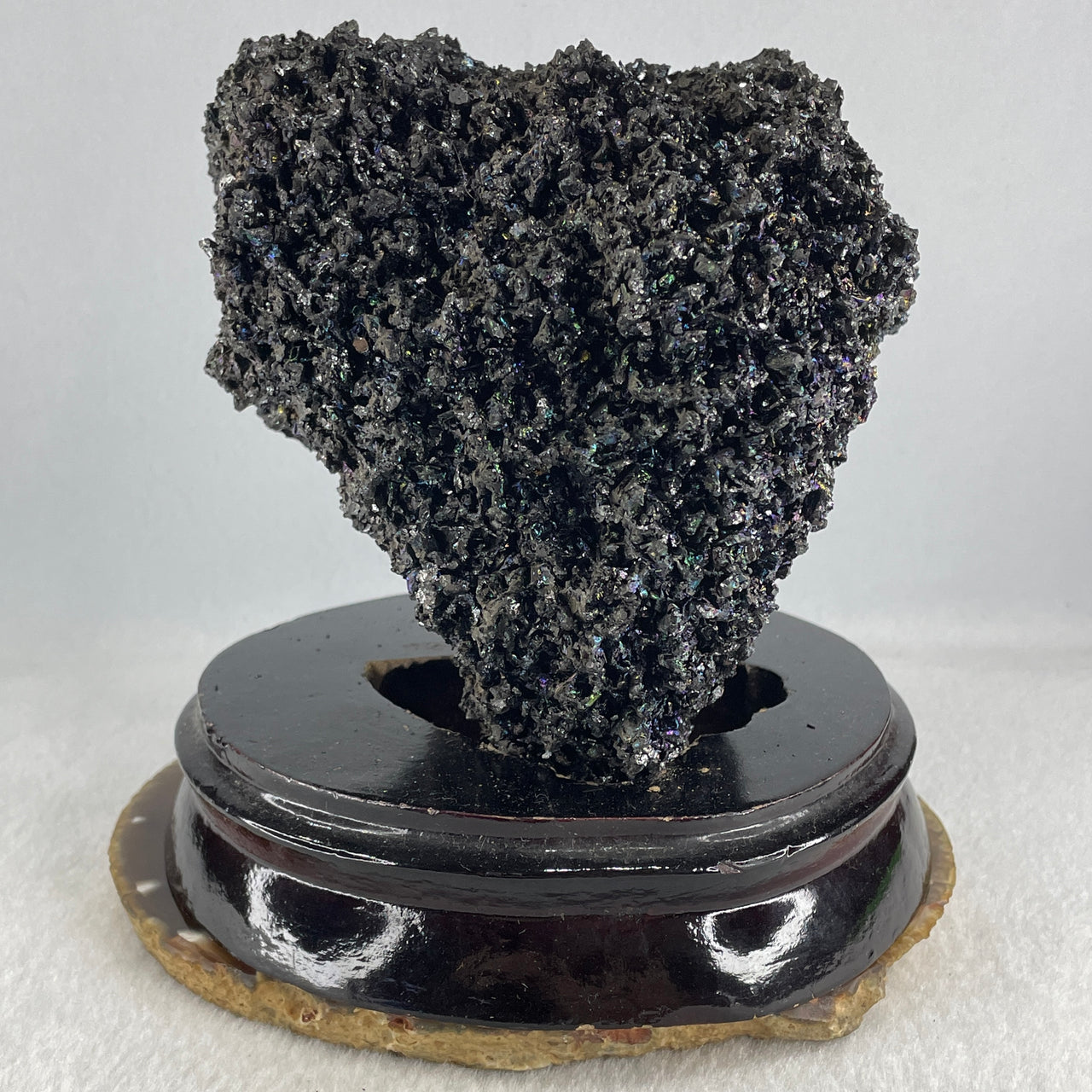 Natural Black Moissanite Rough Display with Wooden Stand 1,419.6g by 145.0 by 140.0 by 135.0mm - Huangs Jadeite and Jewelry Pte Ltd