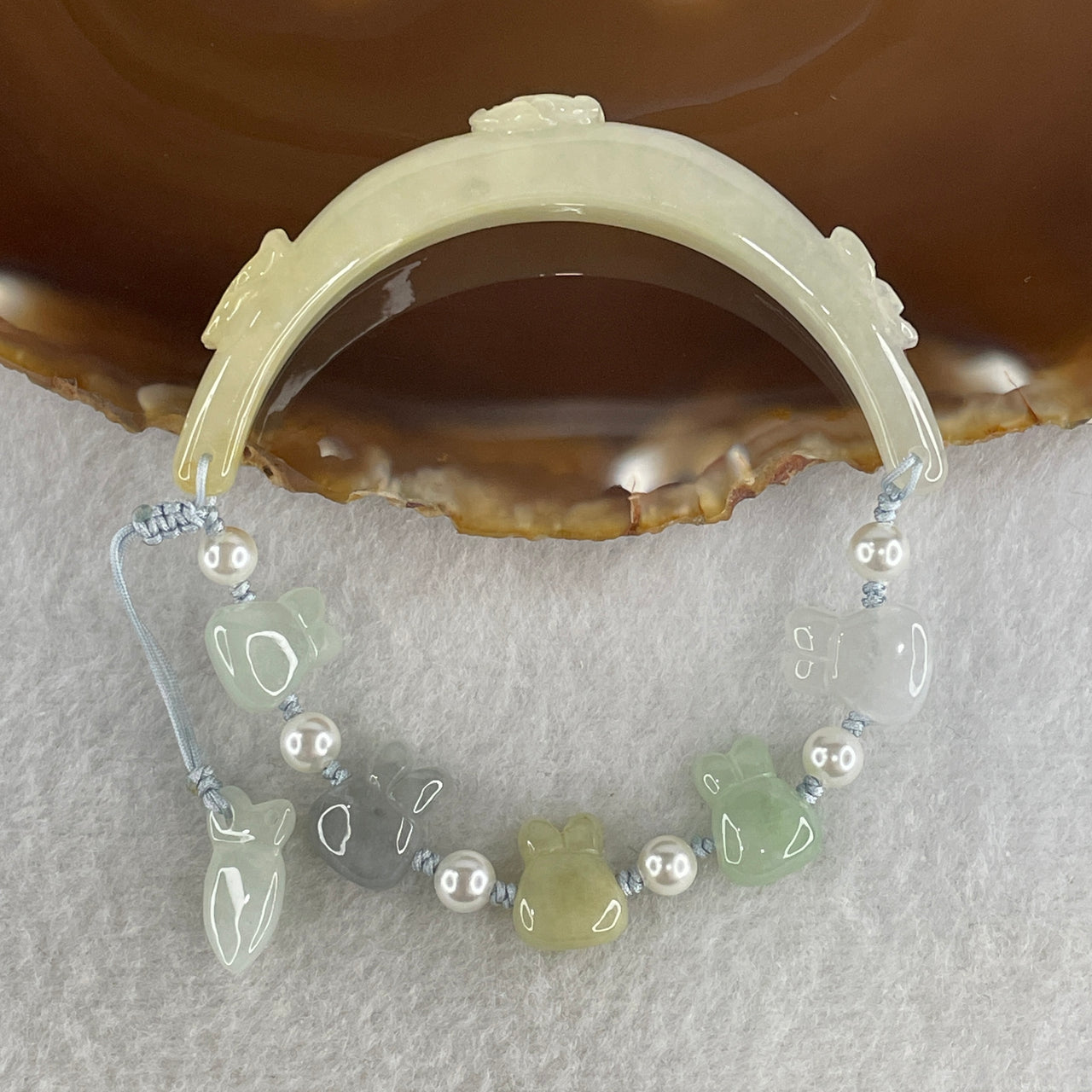 Natural Type A Jelly Light Yellowish with Light Green Jadeite Flowers with Rabbits and Carrot Charm Bracelet 22.50g 10.7 by 9.8mm - Rabbit 11.8 by 10.0 by 5.8mm 5 pcs