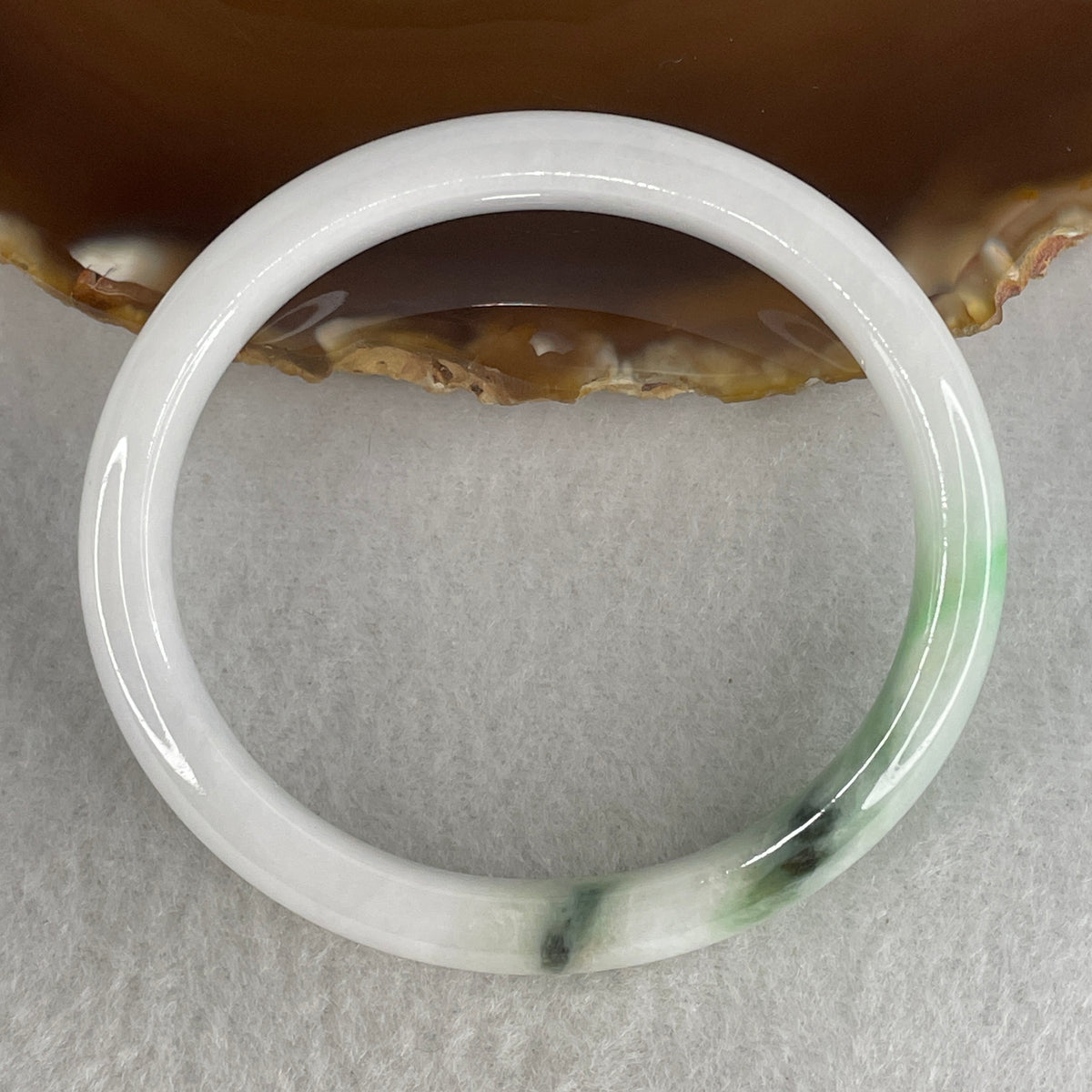 Certified Natural Type A White & Apple Green Piao Hua Jadeite Oval Bangle | (32.51g | 54.3mm Inner Diameter | 9.9mm x 6.6mm | Internal Line | Plexus Chakra Synergy, Steady Wealth "Zheng Cai" & Feng Shui Harmony Anchor)
