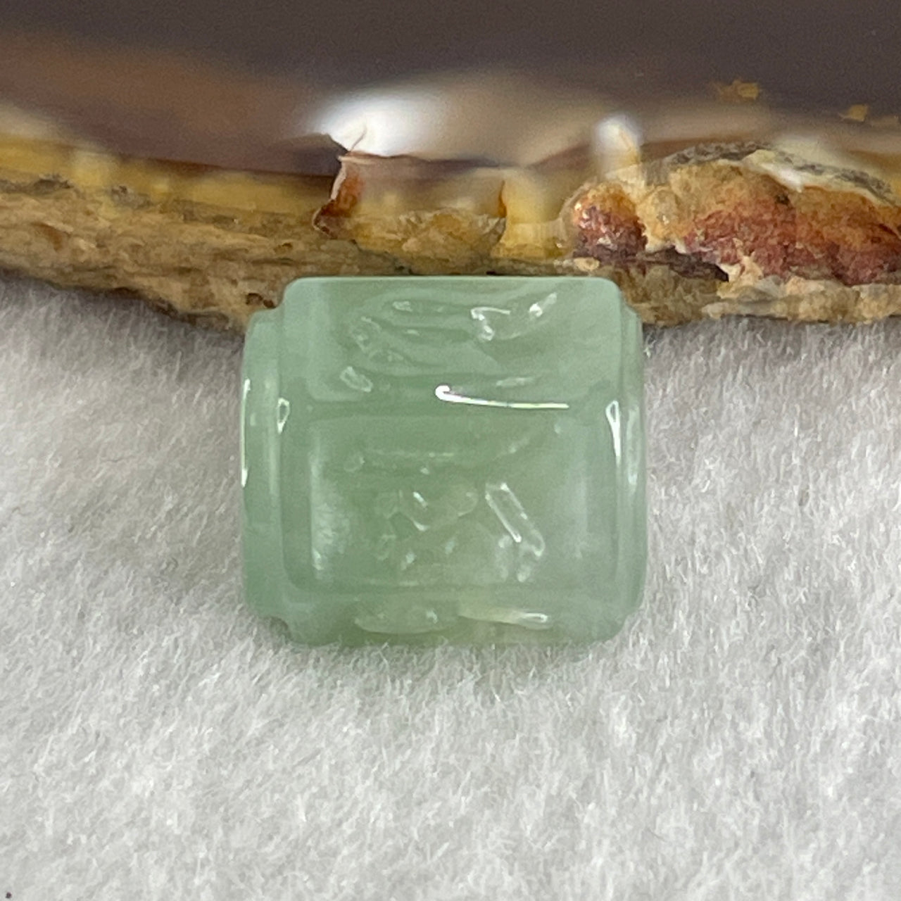 Natural Type A Jelly Light Green Jadeite Om Mani Padme Hum Lulutong Charm 4.85g 14.1 by 12.5mm - Huangs Jadeite and Jewelry Pte Ltd