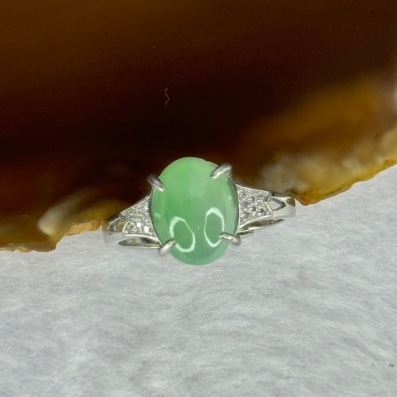 Type A Green Jadeite with Crystals in S925 Sliver Ring (Adjustable Size) 2.61g 11.2 by 9.3 by 4.5mm - Huangs Jadeite and Jewelry Pte Ltd