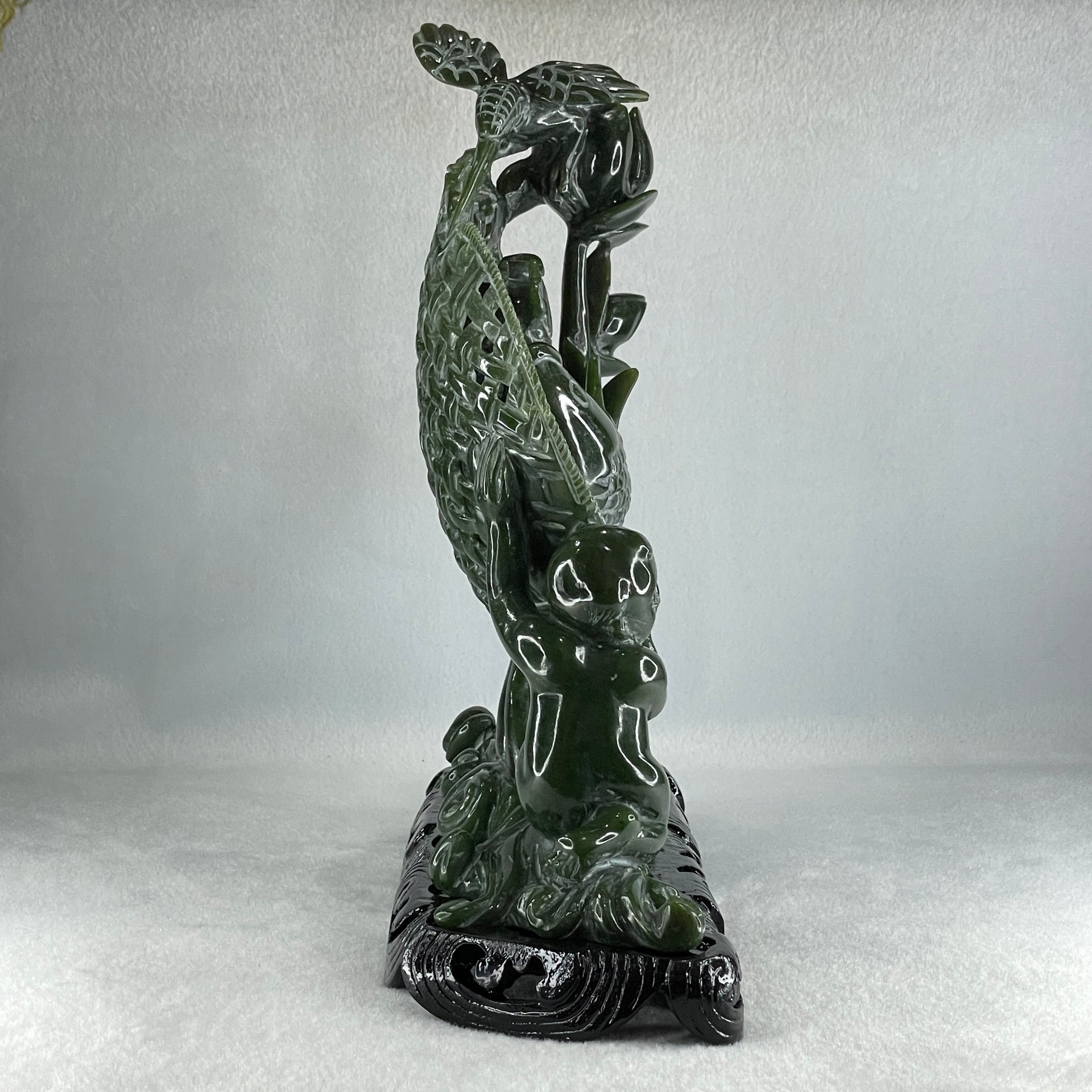 Natural Dark Green Serpentine Double Carp Fish with Gui ren and Lotus and Twin Ducks with Wooden Stand Display 2,032.7g 242.0 by 95.0 by 263.0mm - Huangs Jadeite and Jewelry Pte Ltd