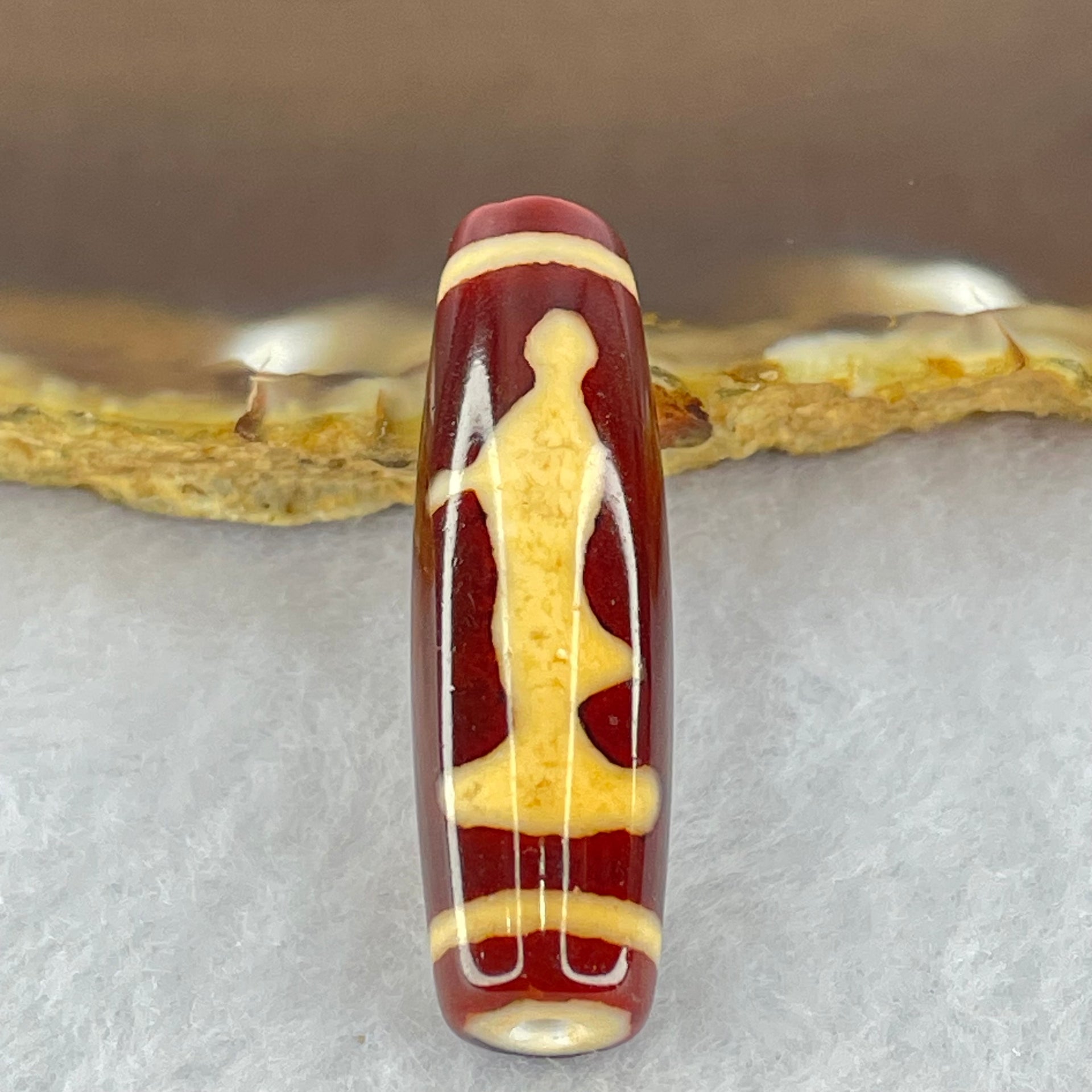 Natural Powerful Tibetan Old Oily Red and Yellowish White Agate Guan Yin Dzi Bead Heavenly Master (Tian Zhu) 观音天诛 7.95g 38.3 by 11.2mm - Huangs Jadeite and Jewelry Pte Ltd