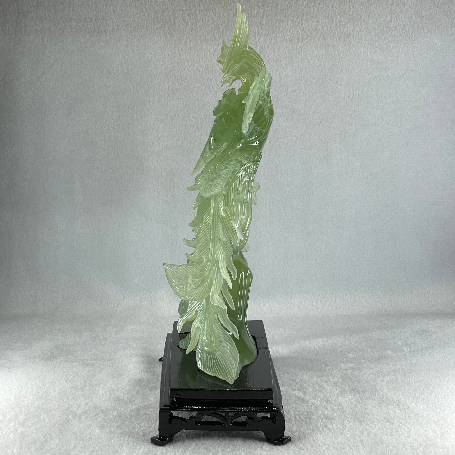 Natural Icy Light Green Serpentine Phoenix on Tree with Twin Birds and Flower with Wooden Stand Display 710.1g 169.0 by 262.0 by 84.0mm - Huangs Jadeite and Jewelry Pte Ltd