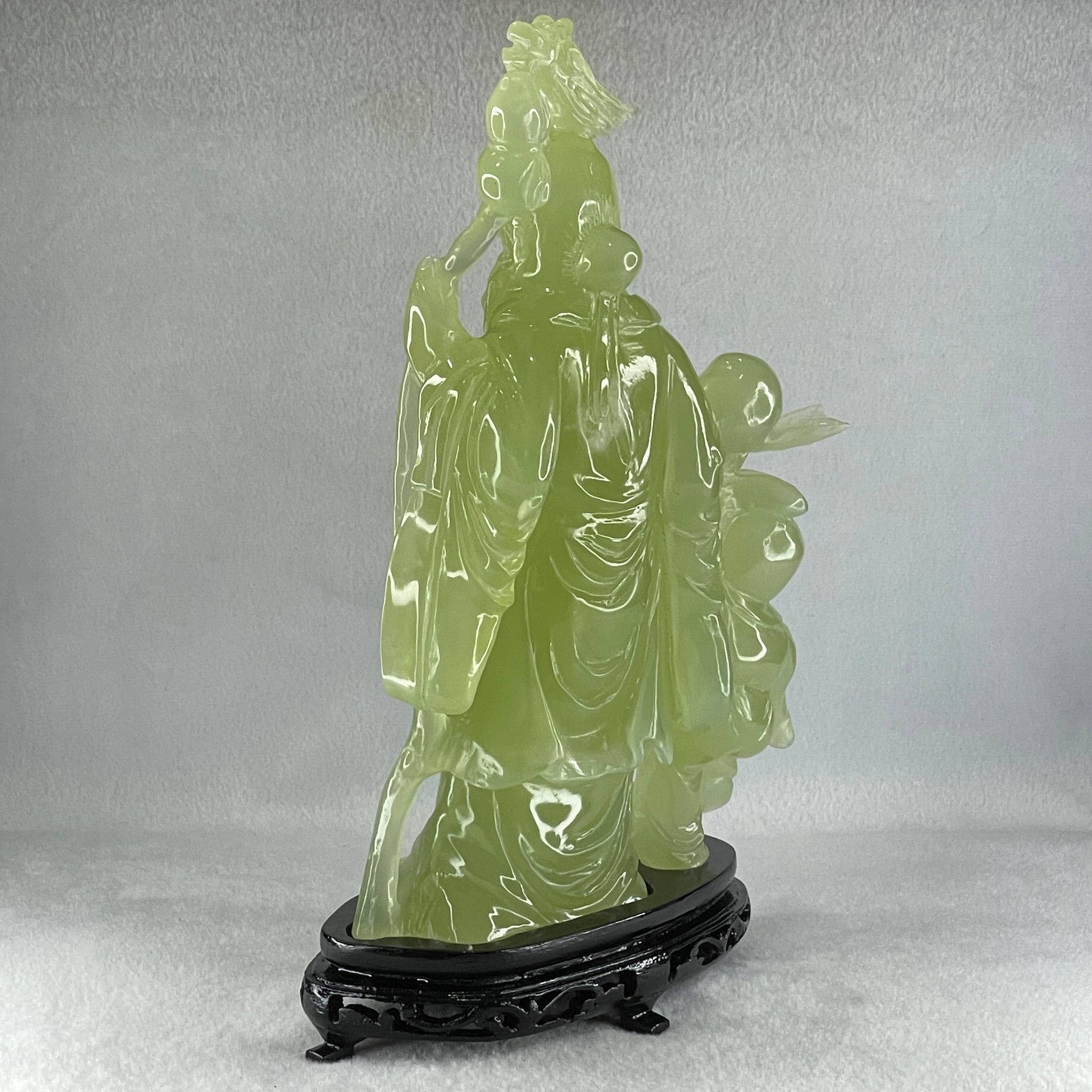 Natural Green Serpentine Shou Xing Gong and Tong Zi with Wooden Stand Display 1,535.1g 160.0 by 276.0 by 68.0mm - Huangs Jadeite and Jewelry Pte Ltd