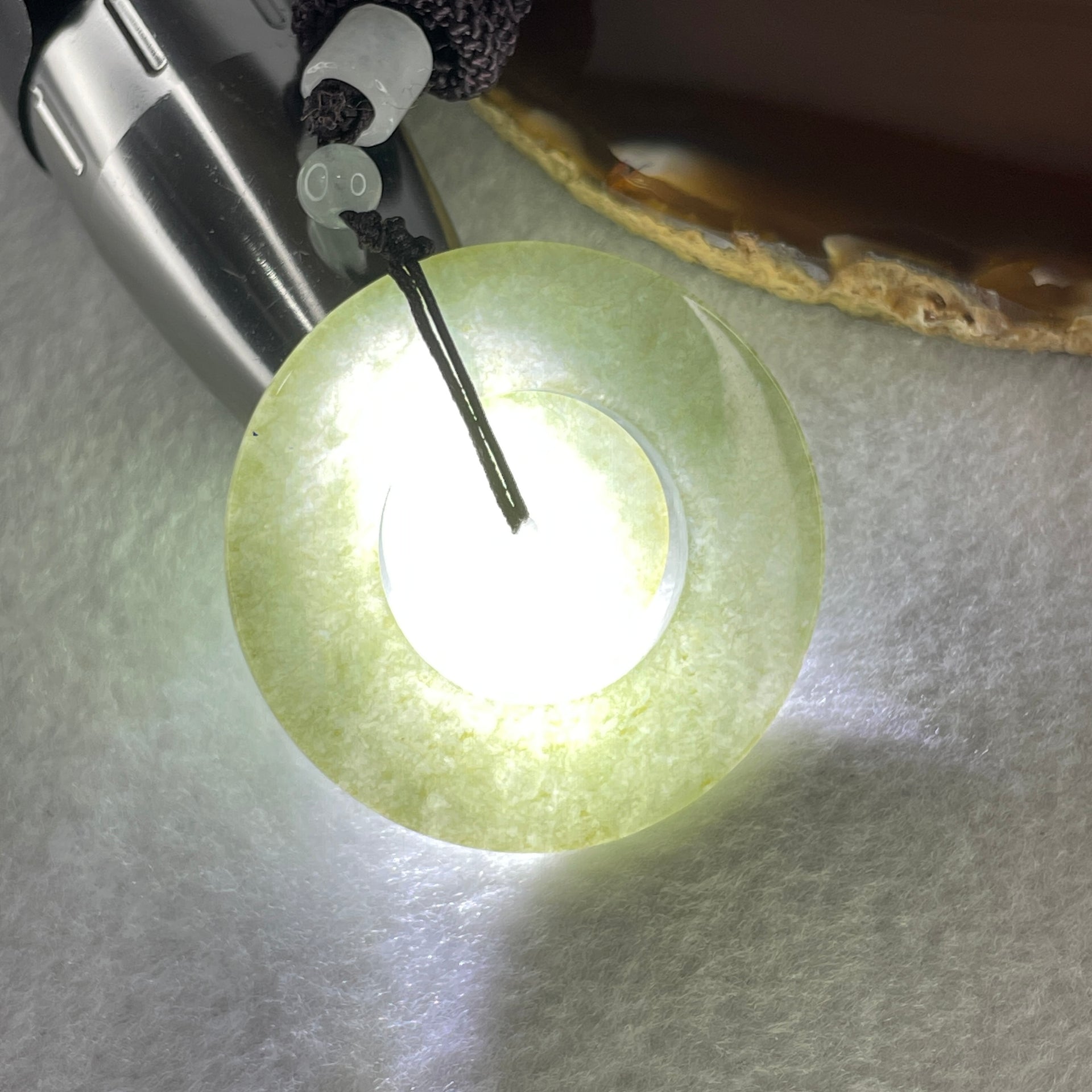 Natural Type A Green with Brownish Jadeite Double Ping An Kou Donut Pendant 20.64g 44.9 by 3.4mm - Huangs Jadeite and Jewelry Pte Ltd