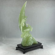 Natural Green Serpentine Twin Cranes on Mountain and Moon with Wooden Stand Display 804.7g H147.0 by B100.0 by H226.0mm - Huangs Jadeite and Jewelry Pte Ltd