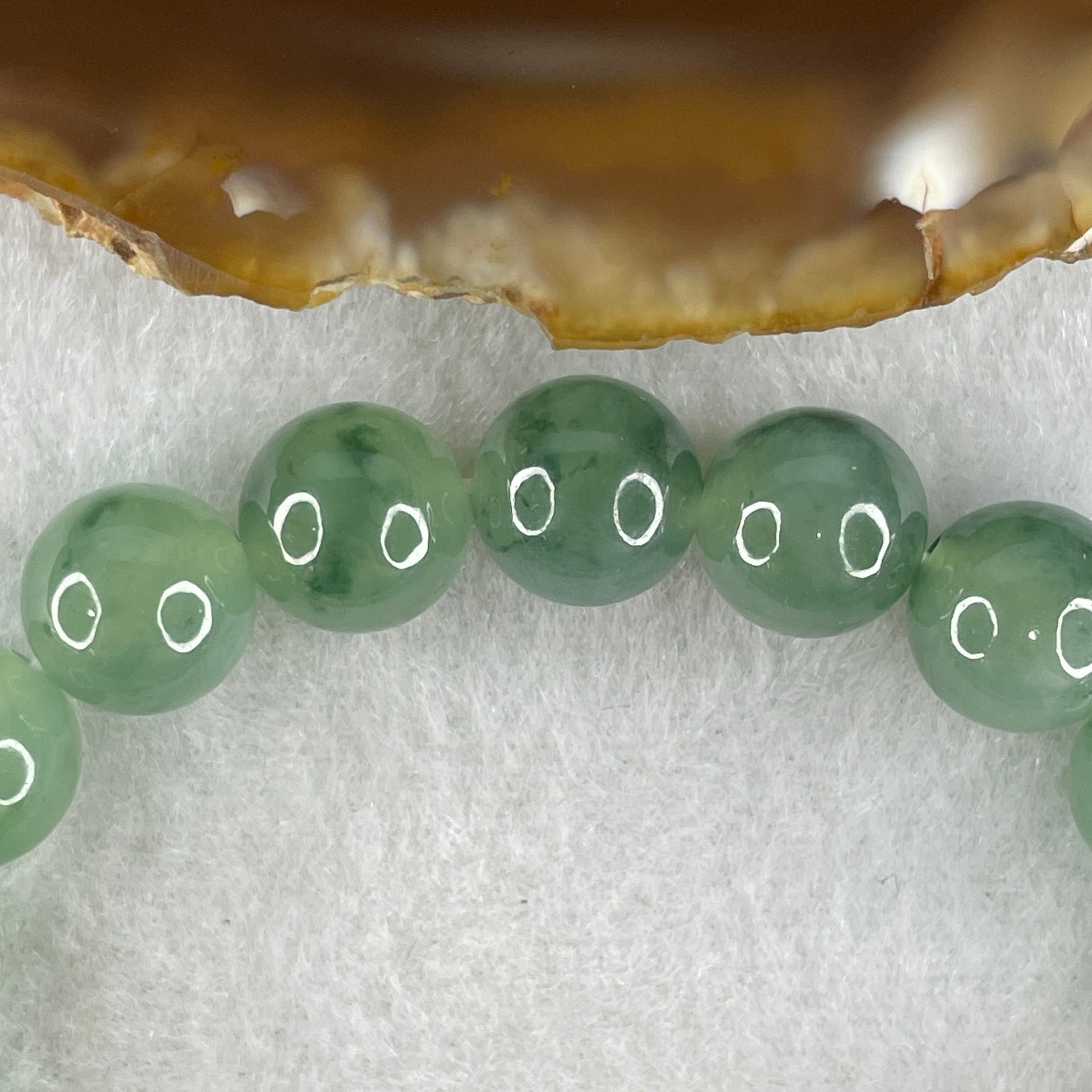 Tye A Natural Jelly Semi Icy Green with Dark Green Piao Hua Jadeite Beads Bracelet 28.75g 14.5cm 9.6mm 19 Beads - Huangs Jadeite and Jewelry Pte Ltd