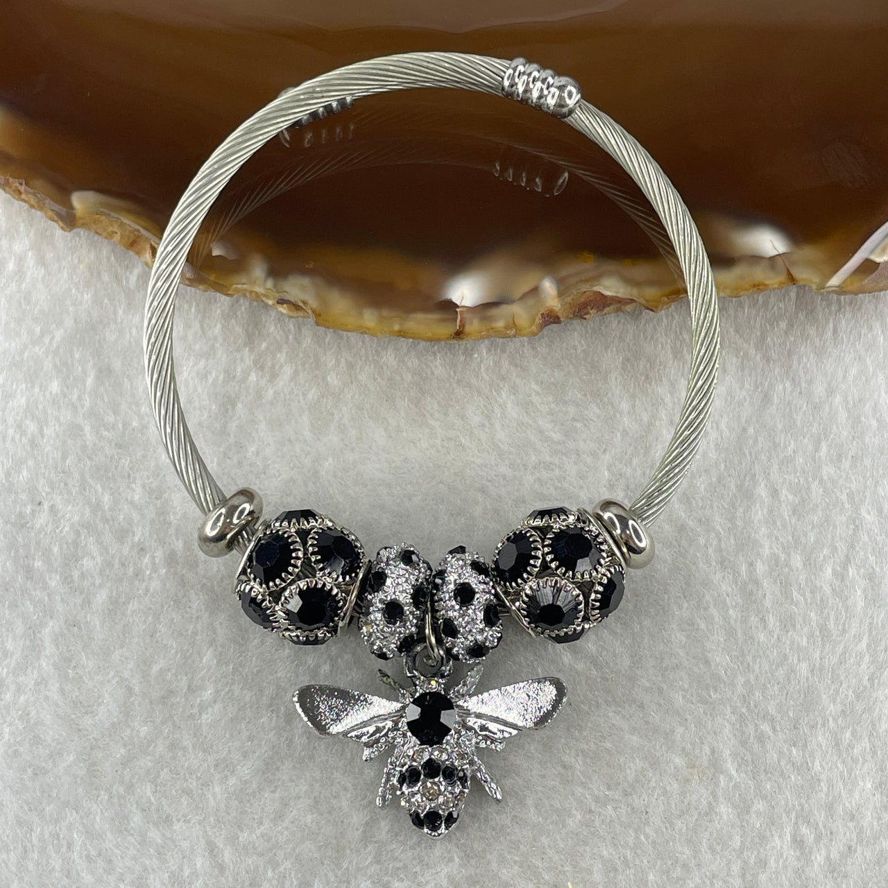 Natural Black Onyx Ball Charm with Bee Silver Bracelet 23.90g 13.7 by 5.0 by 1.2mm - Huangs Jadeite and Jewelry Pte Ltd