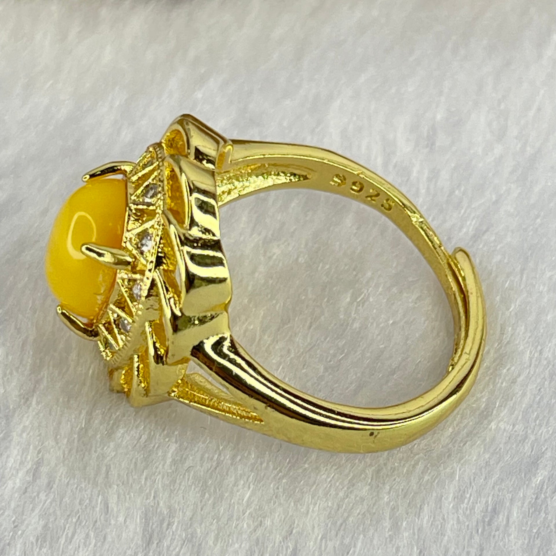 Natural Butterscotch Amber With Crystals in S925 Sliver Gold Color Ring (Adjustable Size) 3.74g 8.9 by 7.2 by 5.0mm - Huangs Jadeite and Jewelry Pte Ltd