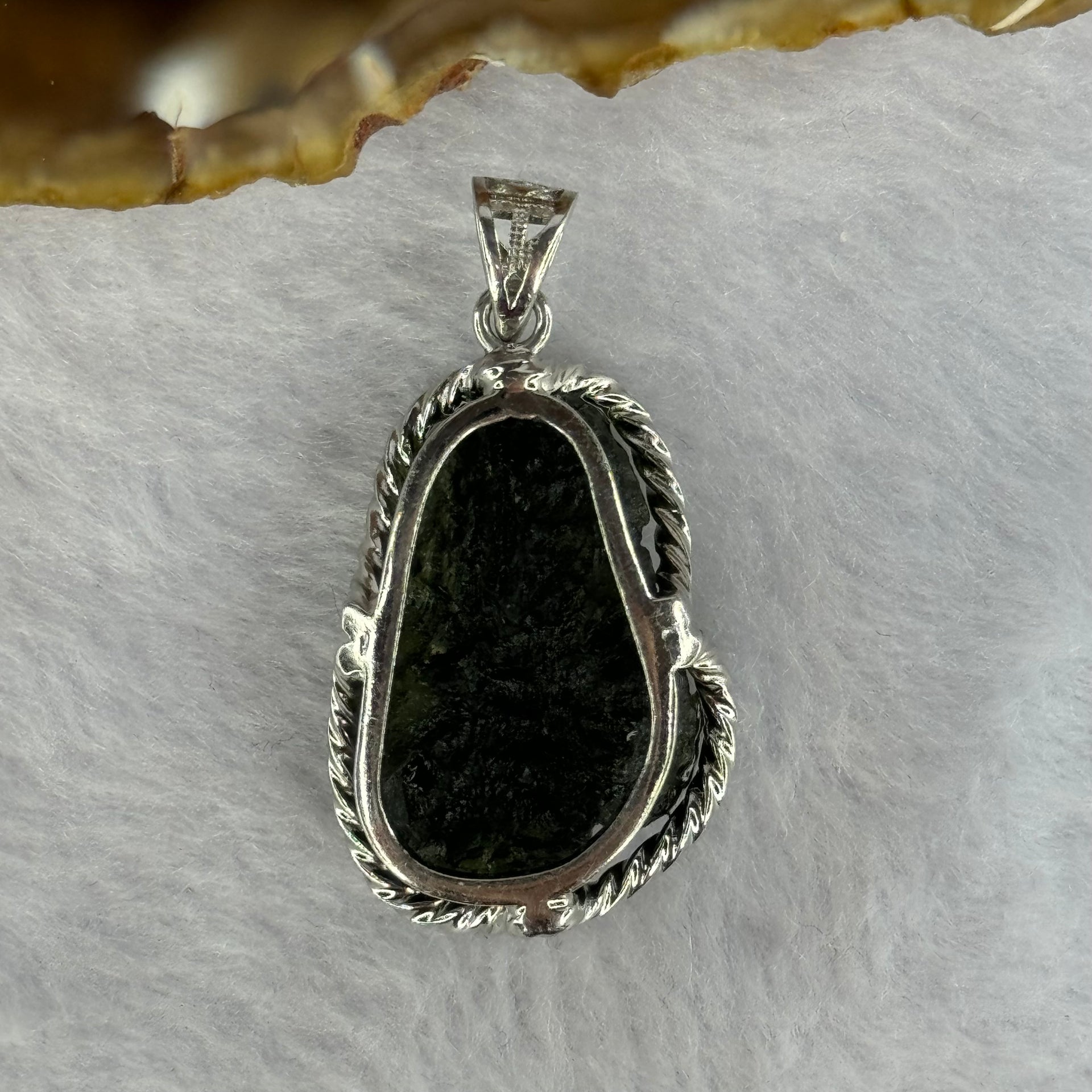 Natural Czech Republic Moldavite Meteorite Crystal in S925 Sliver Pendent 天然捷克陨石925银牌 8.60g 25.5 by 16.4 by 10.1mm - Huangs Jadeite and Jewelry Pte Ltd