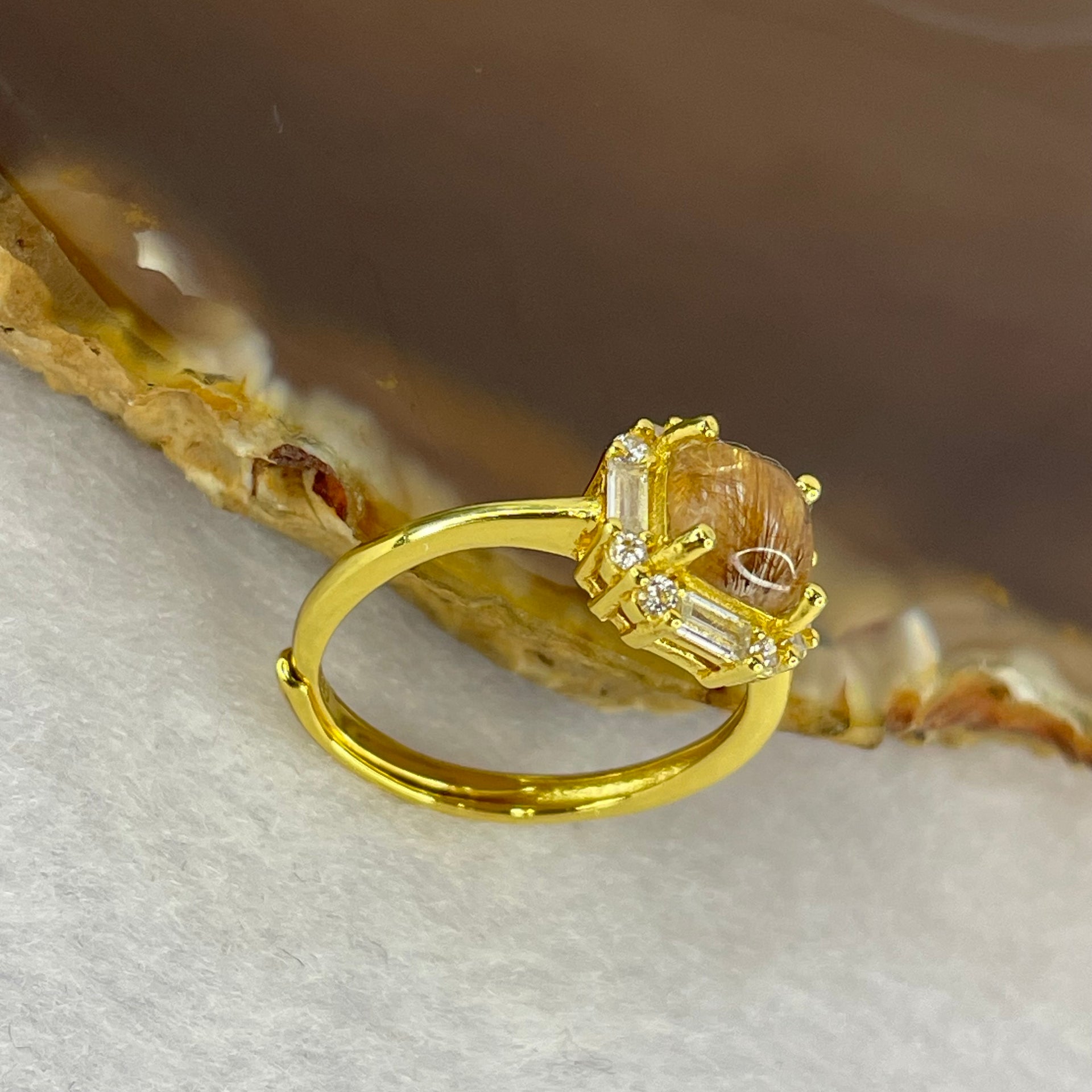 Natural Golden Rutilated Quartz in 925 Sliver Ring (Gold Color) 1.90g 5.8 by 3.5 mm Adjustable Size - Huangs Jadeite and Jewelry Pte Ltd