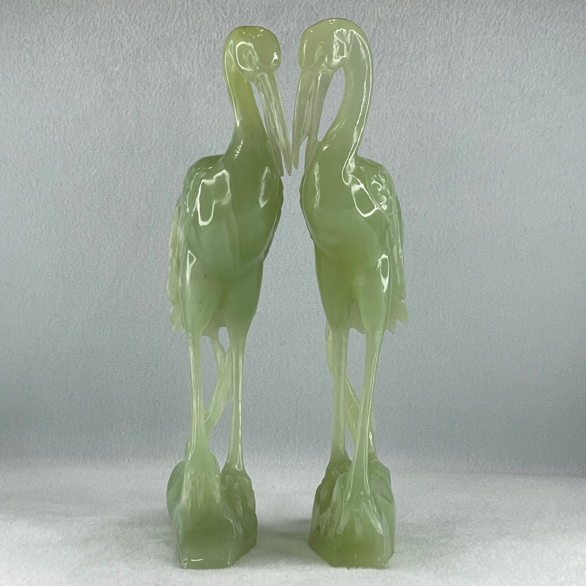 Natural Light Green Serpentine Pair of Cranes Bird with Wooden Stand Display 1,231.1g Each about 135.0 by 60.0 by 240.0mm - Huangs Jadeite and Jewelry Pte Ltd
