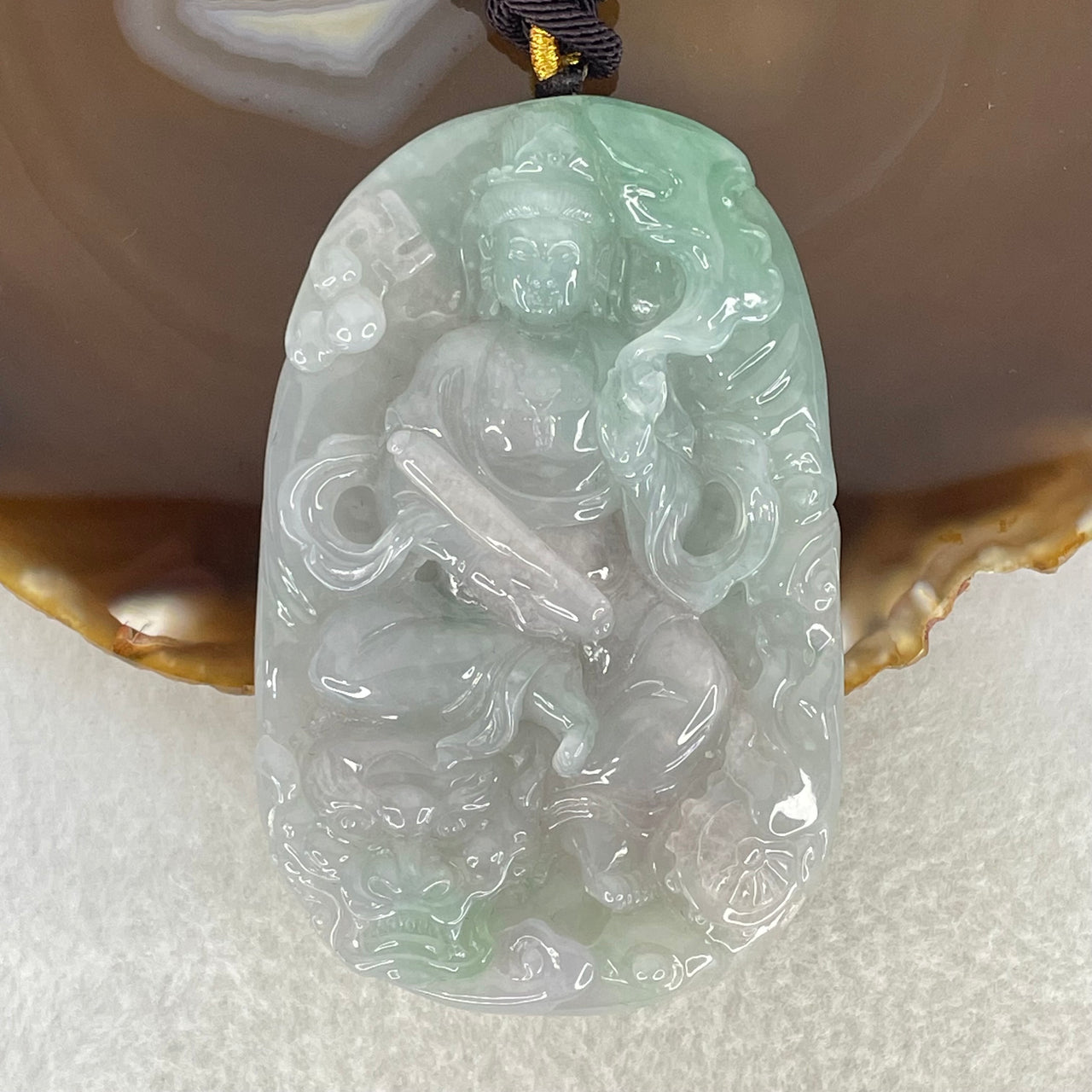 Grand Master Type A Jelly Lavender and Green Piao Hua Jadeite Manjusri Bodhisattva Pendant 90.51g 77 by 50 by 12.8mm - Huangs Jadeite and Jewelry Pte Ltd