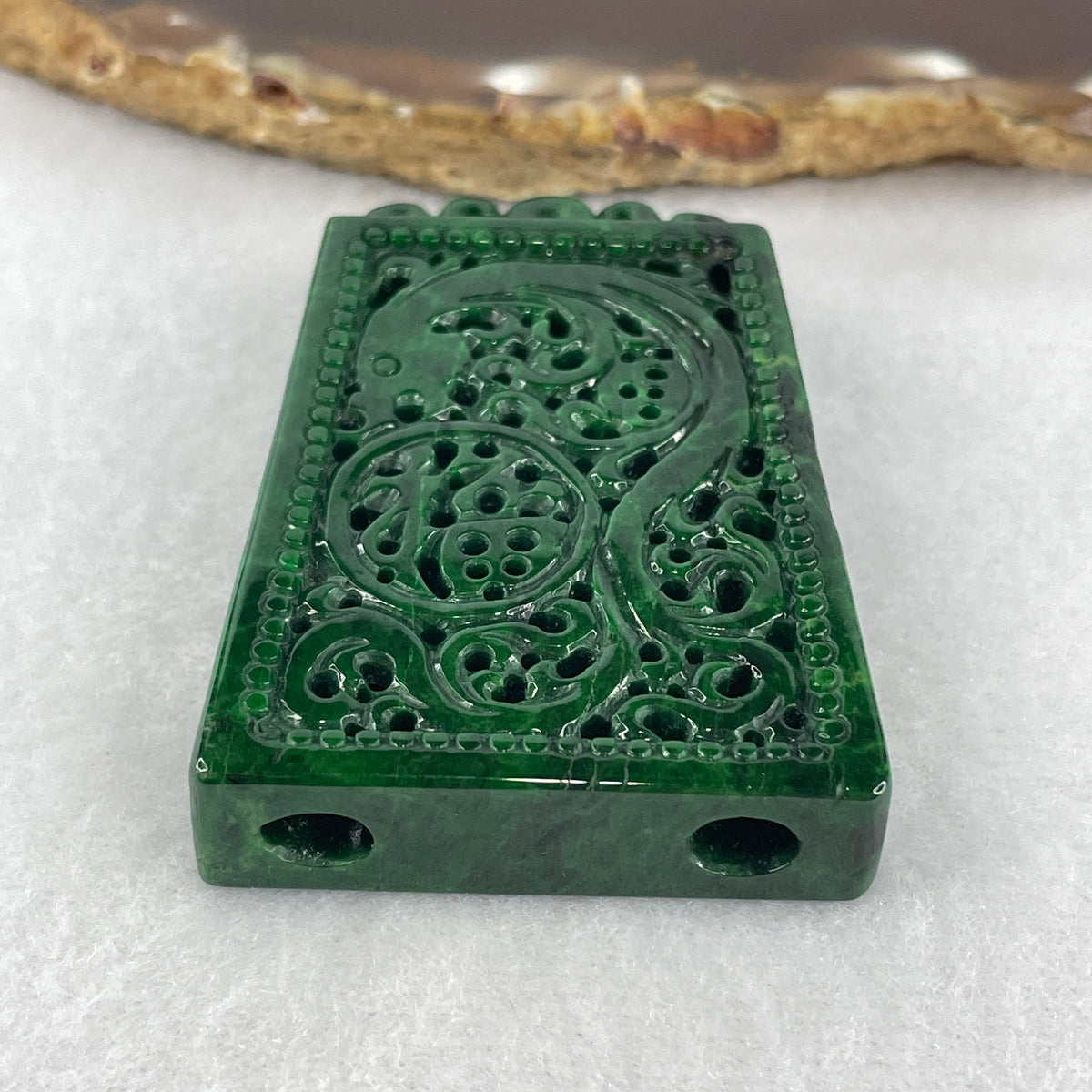 NGI Certified Type A Full Old Mine Spicy Green Jadeite Pierced FU & Dragon Pendant | Untreated Lao Keng La Lǜ Pierced Openwork Fei Cui Carving (37.65g | 58.19 x 38.48 x 10.28mm)