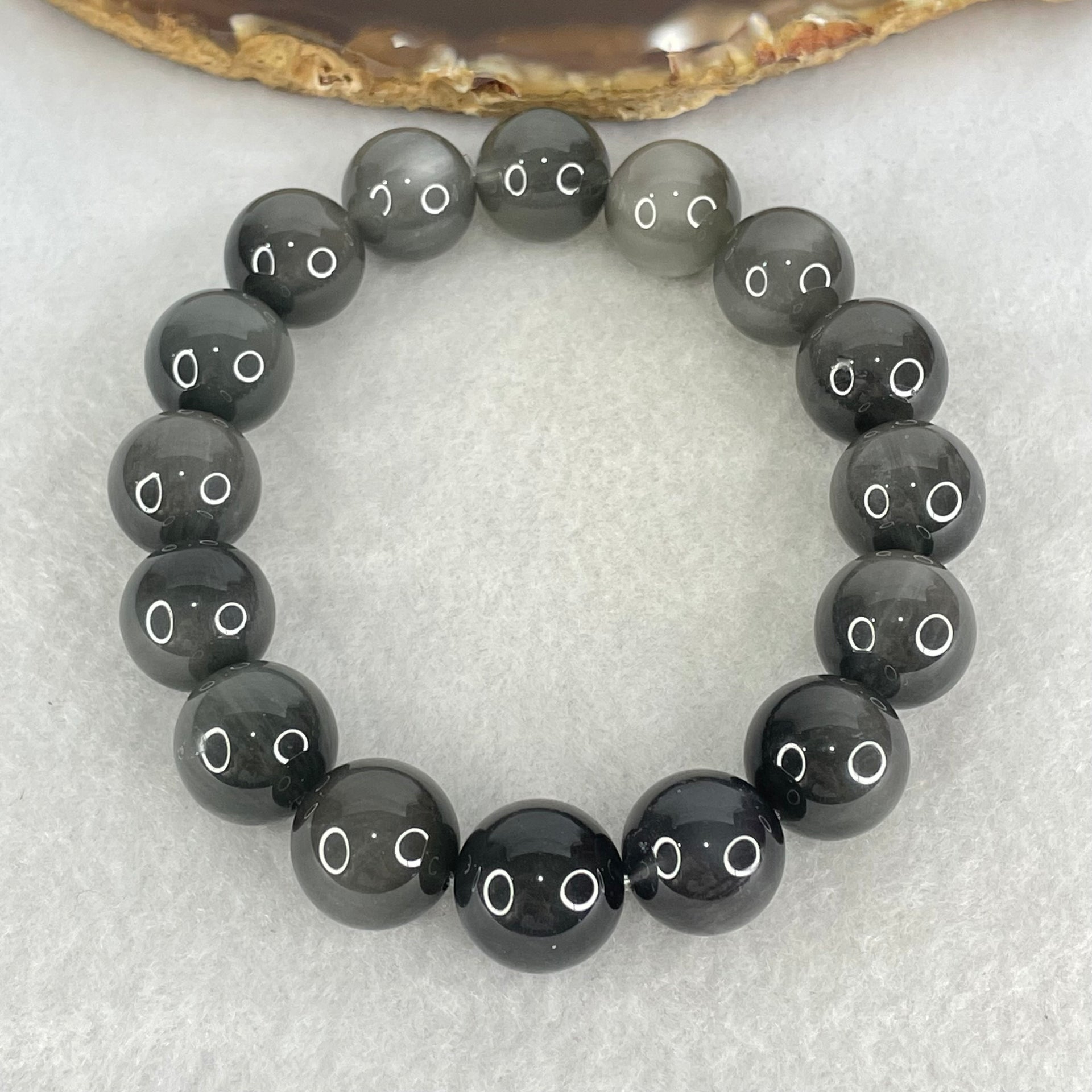 Good Grade Natural Grey Rabbit Hair Rutilated Quartz Beads Bracelet 52.45g 18cm 13.5mm 16 Beads - Huangs Jadeite and Jewelry Pte Ltd