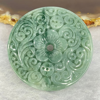 Type A Blueish Green Jadeite Floral Design Donut Ping An Kou 花开富贵平安扣 15.20g 37.9 by 5.4mm - Huangs Jadeite and Jewelry Pte Ltd