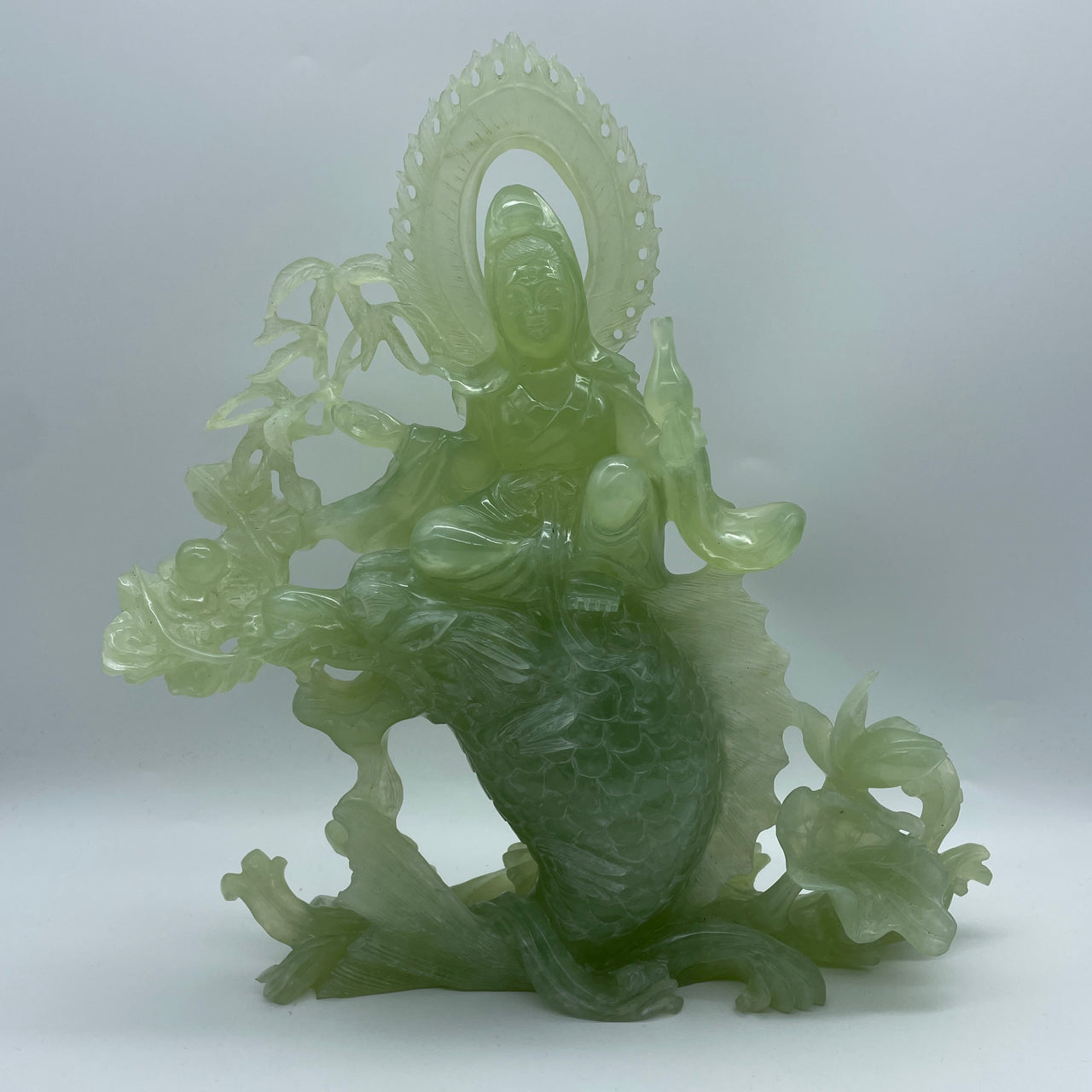 Natural Jelly Green Serpentine Guan Yin on Dragon Fish Display 2,627.5g 290.0 by 90.0 by 310.0mm