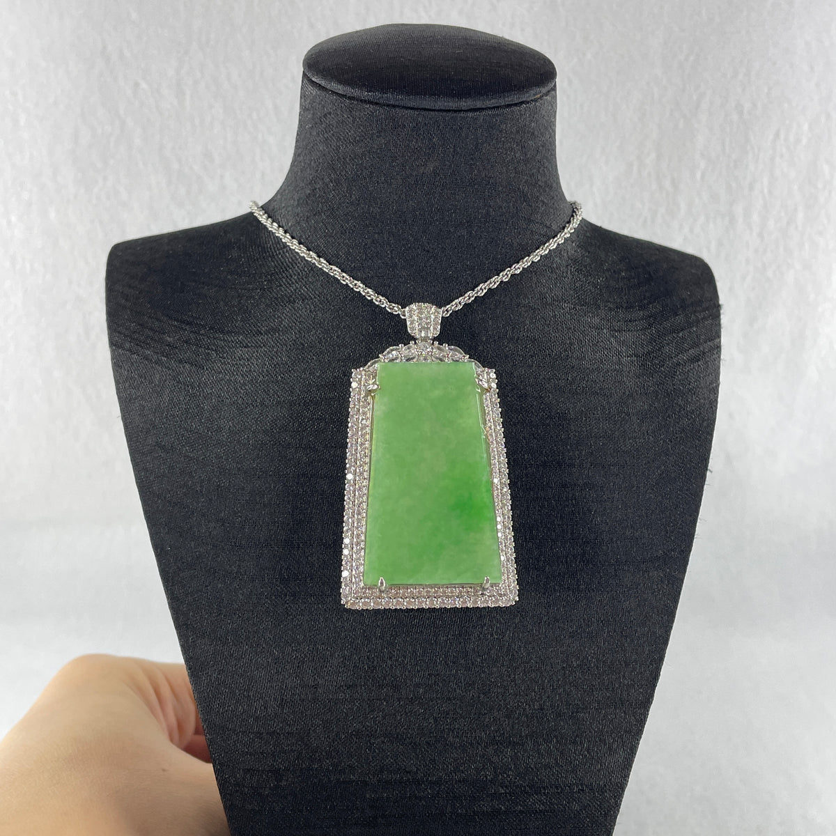 Natural Type A Apple Green Jadeite Wushipai Necklace in S925 Silver |(21.60g | 59cm S925 | 39.5 x 23.0 x 1.5mm | Unobstructed Peace & Supreme Protection Anchor, Feng Shui Prosperity & Executive Calm Necklace) - Huangs Jadeite and Jewelry Pte Ltd