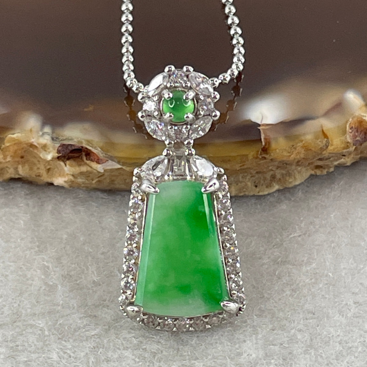 Natural Type A Apple Green Piao Hua Jadeite Wushipai Necklace in S925 Silver | (3.89g | 44cm S925 | 12.5 x 8.2 x 1.0mm | Unobstructed Peace & Supreme Protection Anchor, Feng Shui Prosperity & Delicate Charm Necklace) - Huangs Jadeite and Jewelry Pte Ltd