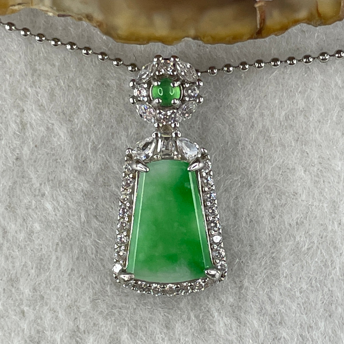 Natural Type A Apple Green Piao Hua Jadeite Wushipai Necklace in S925 Silver | (3.89g | 44cm S925 | 12.5 x 8.2 x 1.0mm | Unobstructed Peace & Supreme Protection Anchor, Feng Shui Prosperity & Delicate Charm Necklace) - Huangs Jadeite and Jewelry Pte Ltd