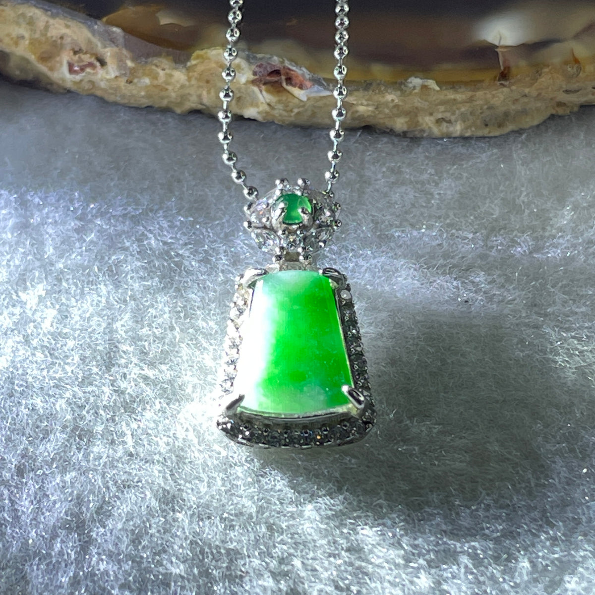 Natural Type A Apple Green Piao Hua Jadeite Wushipai Necklace in S925 Silver | (3.89g | 44cm S925 | 12.5 x 8.2 x 1.0mm | Unobstructed Peace & Supreme Protection Anchor, Feng Shui Prosperity & Delicate Charm Necklace) - Huangs Jadeite and Jewelry Pte Ltd