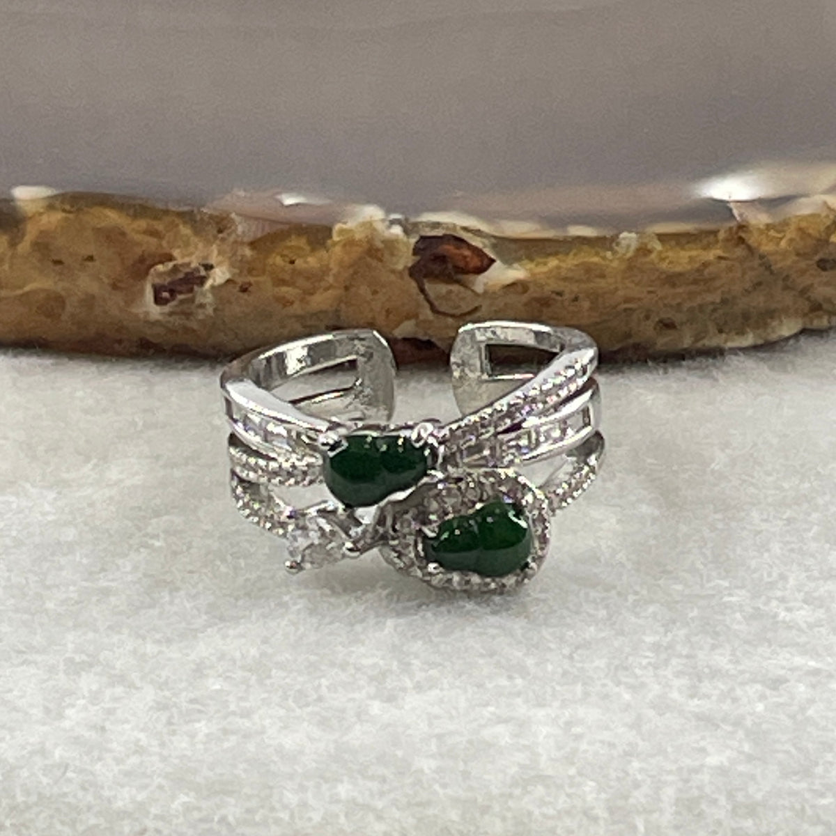 Natural Type A Omphacite Green Jadeite Double Hulu Adjustable Ring in S925 Silver | (4.94g | Adjustable | 6.0 x 3.8 x 1.5mm | Doubled Abundance & Longevity Anchor, Feng Shui Prosperity & Executive Charm Ring) - Huangs Jadeite and Jewelry Pte Ltd