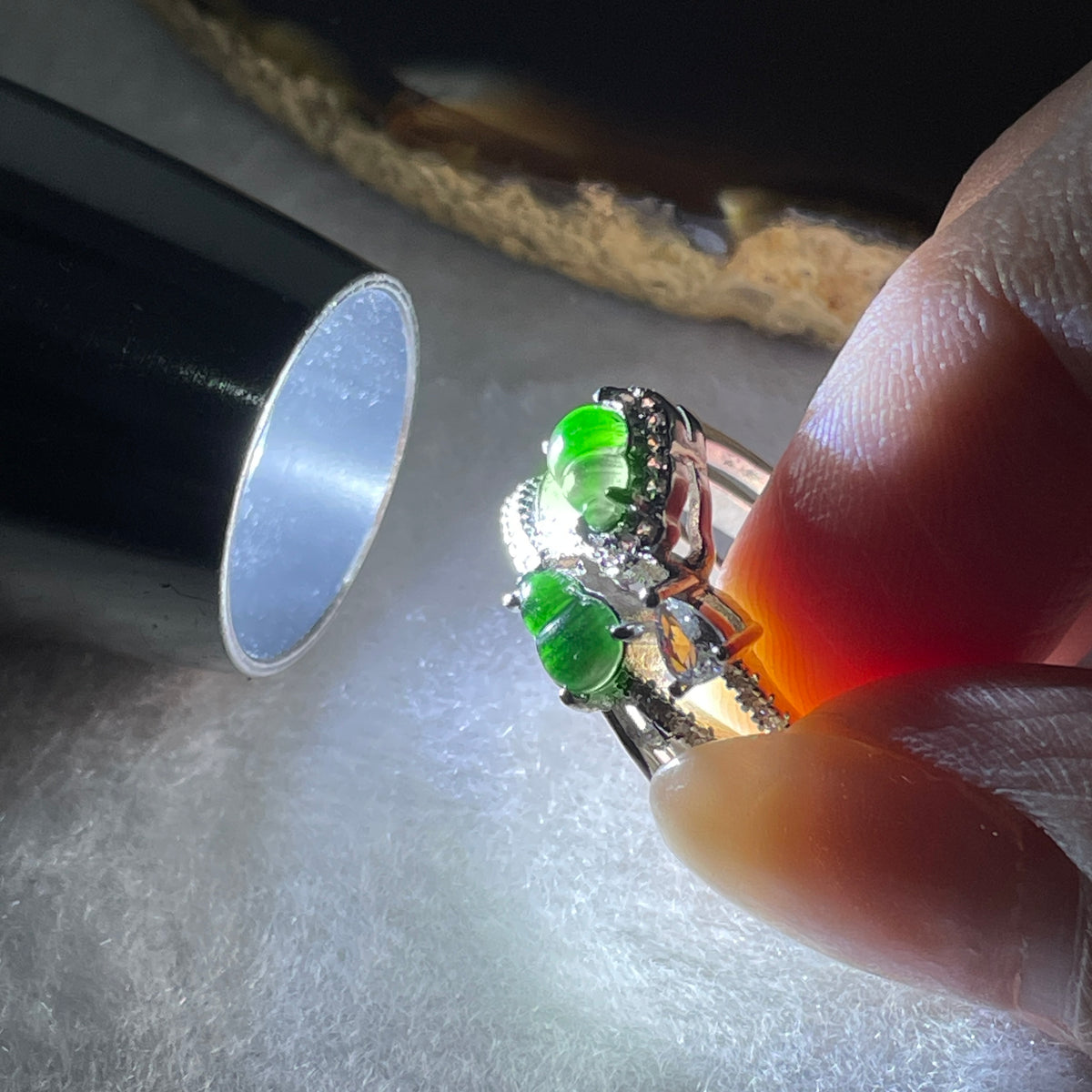 Natural Type A Omphacite Green Jadeite Double Hulu Adjustable Ring in S925 Silver | (4.94g | Adjustable | 6.0 x 3.8 x 1.5mm | Doubled Abundance & Longevity Anchor, Feng Shui Prosperity & Executive Charm Ring) - Huangs Jadeite and Jewelry Pte Ltd