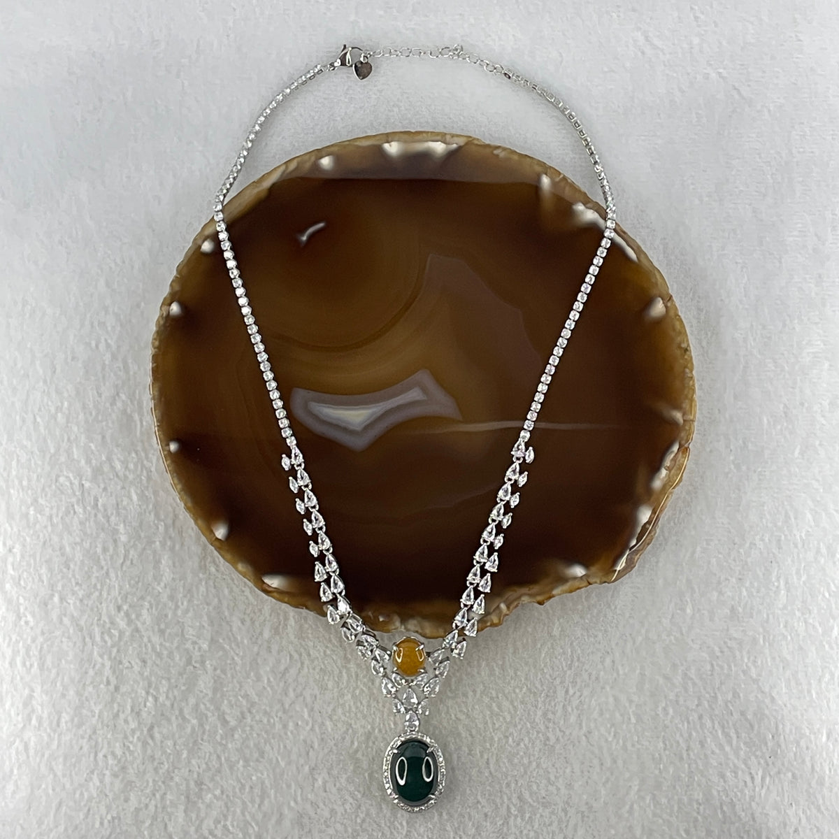 Natural Type A Omphacite Green with Yellow Jadeite Cabochon Necklace in S925 Silver | (26.40g | 40–44cm | 17.8 x 14.0 x 5.0mm Green & 10.0 x 8.4 x 2.5mm Yellow | Dual Wealth & Imperial Fortune Anchor, Feng Shui Abundance & Sovereign Charm Necklace) - Huangs Jadeite and Jewelry Pte Ltd