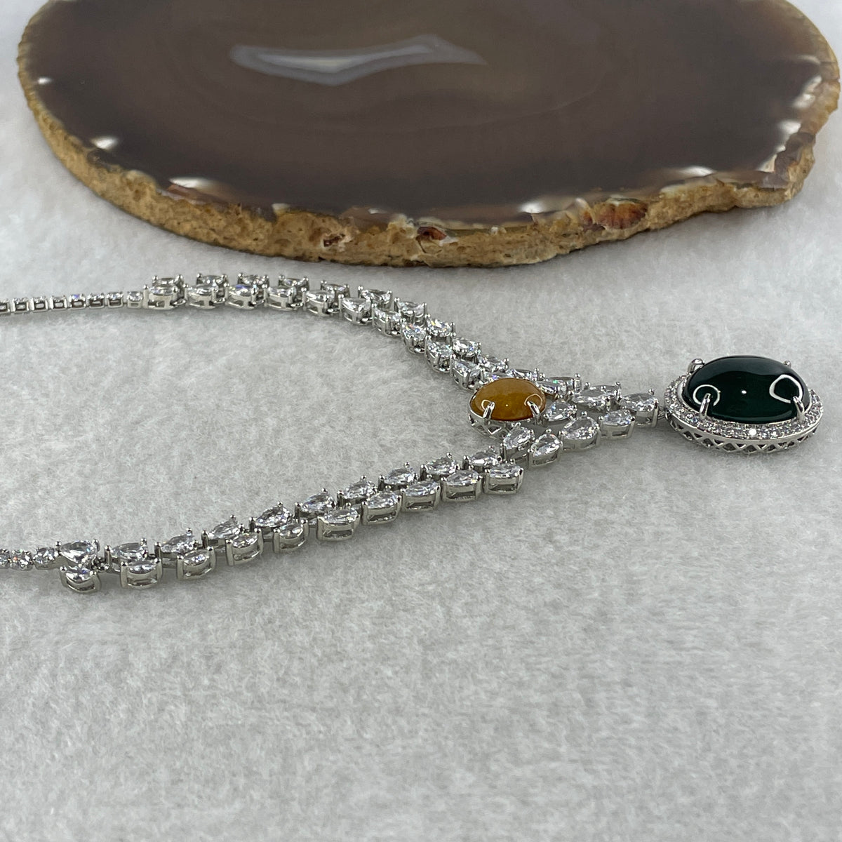 Natural Type A Omphacite Green with Yellow Jadeite Cabochon Necklace in S925 Silver | (26.40g | 40–44cm | 17.8 x 14.0 x 5.0mm Green & 10.0 x 8.4 x 2.5mm Yellow | Dual Wealth & Imperial Fortune Anchor, Feng Shui Abundance & Sovereign Charm Necklace) - Huangs Jadeite and Jewelry Pte Ltd