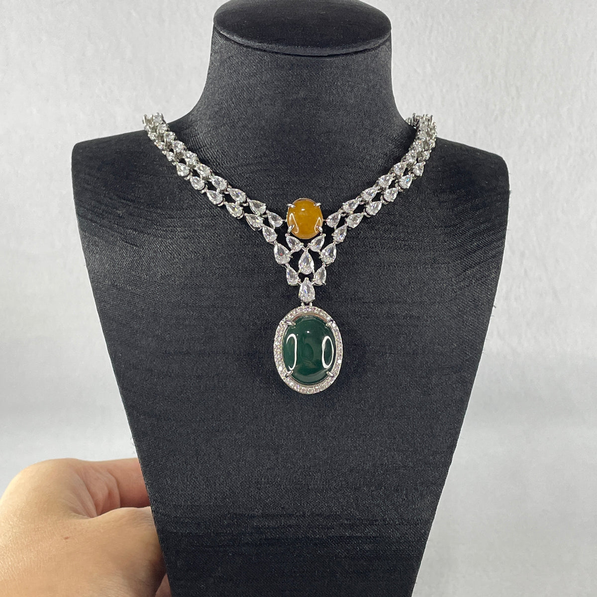 Natural Type A Omphacite Green with Yellow Jadeite Cabochon Necklace in S925 Silver | (26.40g | 40–44cm | 17.8 x 14.0 x 5.0mm Green & 10.0 x 8.4 x 2.5mm Yellow | Dual Wealth & Imperial Fortune Anchor, Feng Shui Abundance & Sovereign Charm Necklace) - Huangs Jadeite and Jewelry Pte Ltd