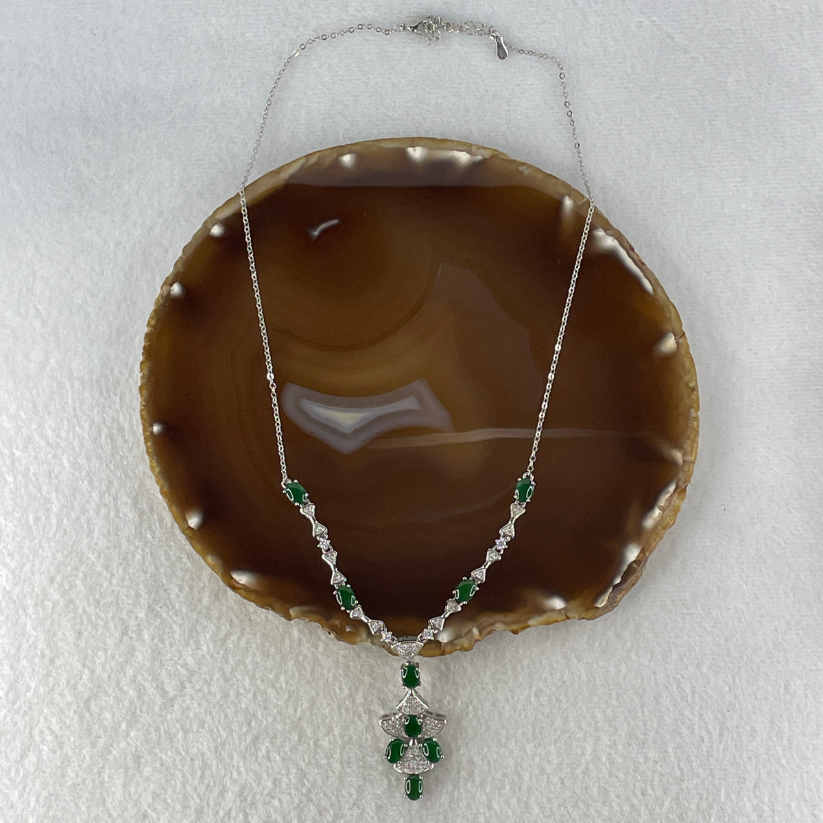 Natural Type A Omphacite Green Jadeite Cabochon Necklace in S925 Silver | (12.07g | 46–50cm | 3.0 x 5.0 x 1.5mm x 9 Pcs | Perpetual Abundance Anchor, Feng Shui Prosperity & Executive Charm Necklace) - Huangs Jadeite and Jewelry Pte Ltd