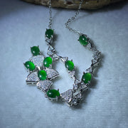 Natural Type A Omphacite Green Jadeite Cabochon Necklace in S925 Silver | (12.07g | 46–50cm | 3.0 x 5.0 x 1.5mm x 9 Pcs | Perpetual Abundance Anchor, Feng Shui Prosperity & Executive Charm Necklace) - Huangs Jadeite and Jewelry Pte Ltd