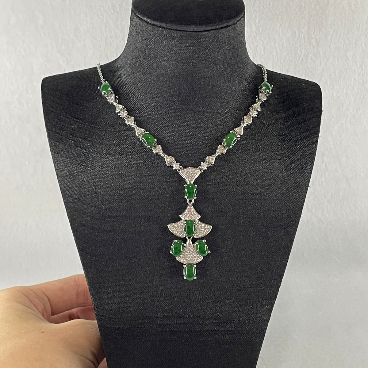 Natural Type A Omphacite Green Jadeite Cabochon Necklace in S925 Silver | (12.07g | 46–50cm | 3.0 x 5.0 x 1.5mm x 9 Pcs | Perpetual Abundance Anchor, Feng Shui Prosperity & Executive Charm Necklace) - Huangs Jadeite and Jewelry Pte Ltd