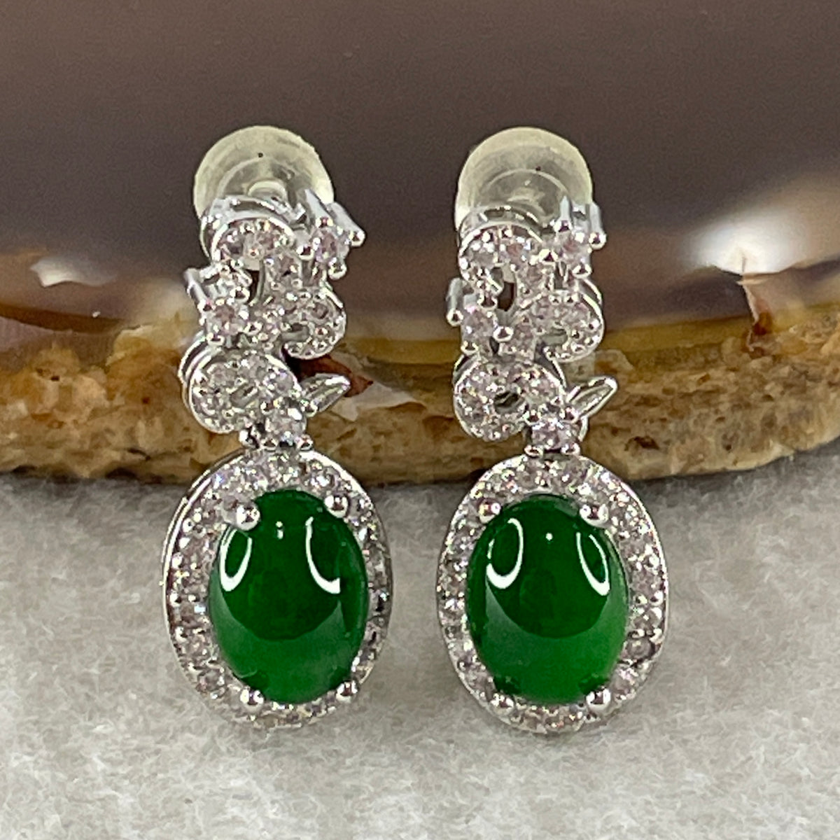 Natural Type A Omphacite Spicy Green Jadeite Cabochon Dangling Earrings in S925 Silver | (2.90g | 7.9 x 6.0 x 3.0mm x 2 Pcs | "Shuāng Xǐ Lín Mén" Double Joy Anchor, Feng Shui Abundance & Executive Elegance Drop Strand) - Huangs Jadeite and Jewelry Pte Ltd