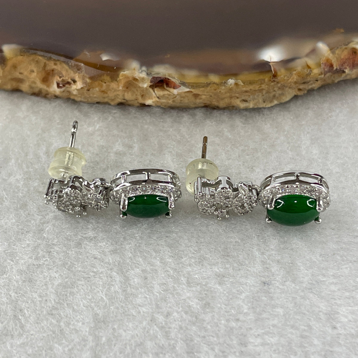 Natural Type A Omphacite Spicy Green Jadeite Cabochon Dangling Earrings in S925 Silver | (2.90g | 7.9 x 6.0 x 3.0mm x 2 Pcs | "Shuāng Xǐ Lín Mén" Double Joy Anchor, Feng Shui Abundance & Executive Elegance Drop Strand) - Huangs Jadeite and Jewelry Pte Ltd