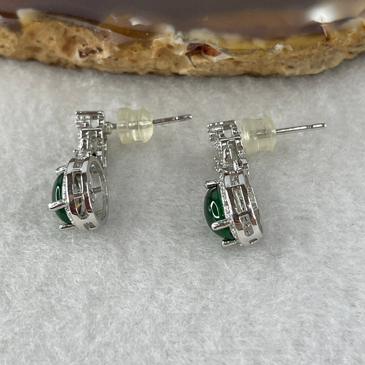 Natural Type A Omphacite Spicy Green Jadeite Cabochon Dangling Earrings in S925 Silver | (2.90g | 7.9 x 6.0 x 3.0mm x 2 Pcs | "Shuāng Xǐ Lín Mén" Double Joy Anchor, Feng Shui Abundance & Executive Elegance Drop Strand) - Huangs Jadeite and Jewelry Pte Ltd