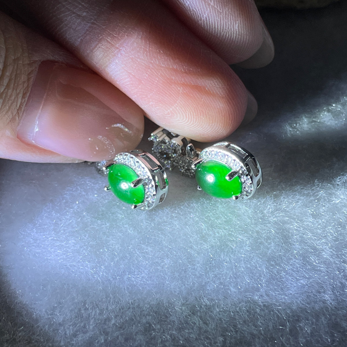 Natural Type A Omphacite Spicy Green Jadeite Cabochon Dangling Earrings in S925 Silver | (2.90g | 7.9 x 6.0 x 3.0mm x 2 Pcs | "Shuāng Xǐ Lín Mén" Double Joy Anchor, Feng Shui Abundance & Executive Elegance Drop Strand) - Huangs Jadeite and Jewelry Pte Ltd