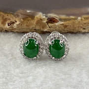 Natural Type A Omphacite Spicy Green Jadeite Cabochon Earrings in S925 Silver | (2.65g | 8.0 x 6.0 x 2.5mm x 2 Pcs | "Shuāng Xǐ Lín Mén" Double Joy Anchor, Feng Shui Abundance & Executive Elegance Earring Pair) - Huangs Jadeite and Jewelry Pte Ltd