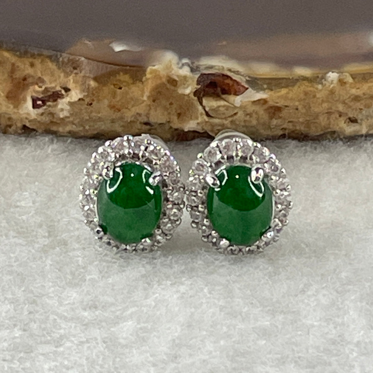 Natural Type A Omphacite Spicy Green Jadeite Cabochon Earrings in S925 Silver | (2.65g | 8.0 x 6.0 x 2.5mm x 2 Pcs | "Shuāng Xǐ Lín Mén" Double Joy Anchor, Feng Shui Abundance & Executive Elegance Earring Pair) - Huangs Jadeite and Jewelry Pte Ltd