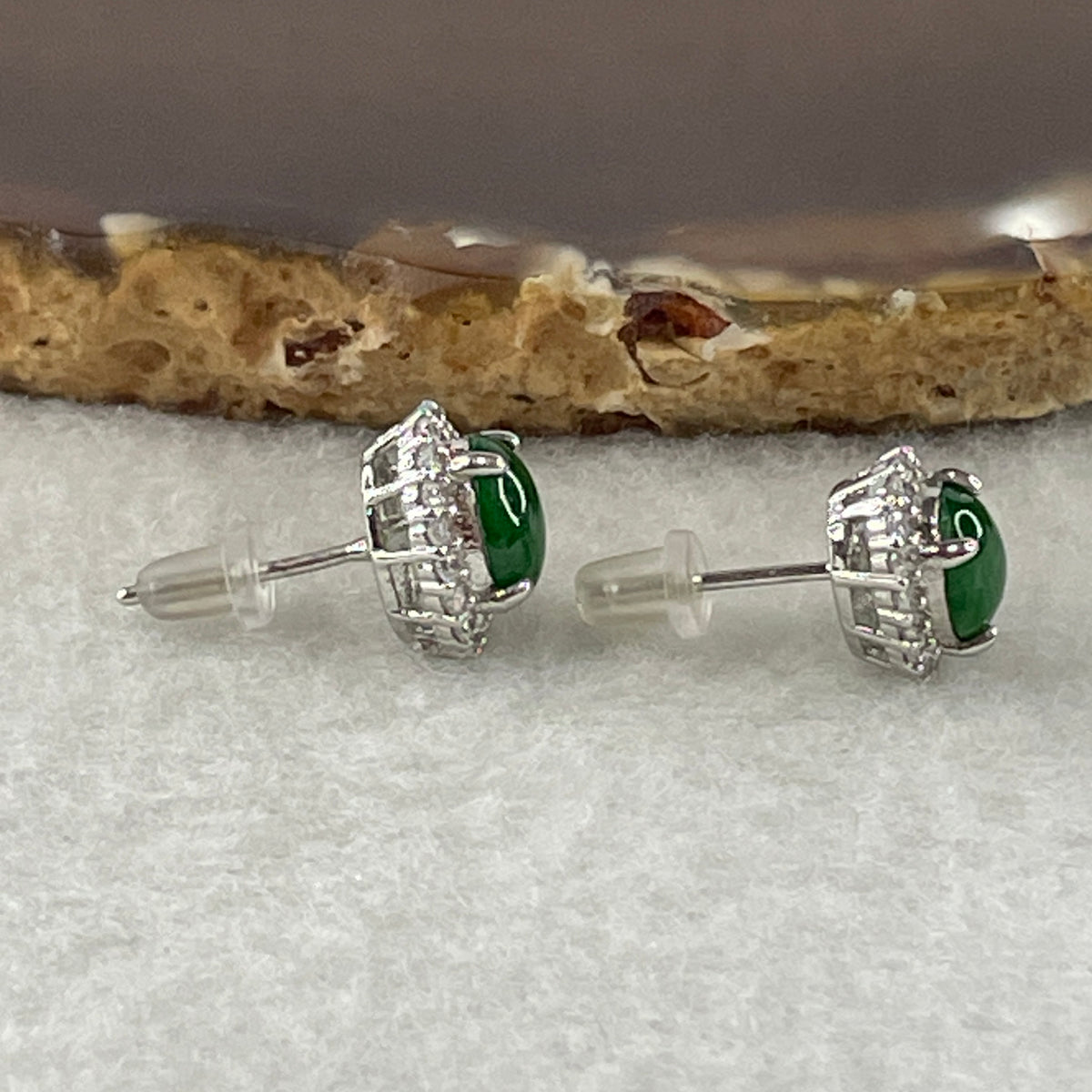 Natural Type A Omphacite Spicy Green Jadeite Cabochon Earrings in S925 Silver | (2.65g | 8.0 x 6.0 x 2.5mm x 2 Pcs | "Shuāng Xǐ Lín Mén" Double Joy Anchor, Feng Shui Abundance & Executive Elegance Earring Pair) - Huangs Jadeite and Jewelry Pte Ltd