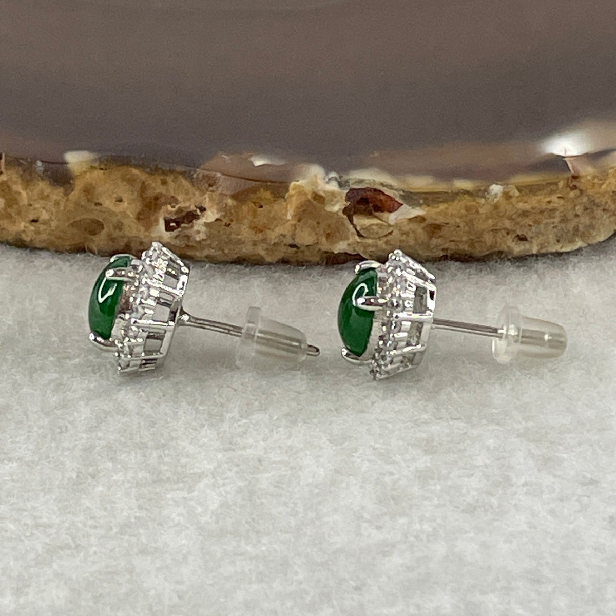 Natural Type A Omphacite Spicy Green Jadeite Cabochon Earrings in S925 Silver | (2.65g | 8.0 x 6.0 x 2.5mm x 2 Pcs | "Shuāng Xǐ Lín Mén" Double Joy Anchor, Feng Shui Abundance & Executive Elegance Earring Pair) - Huangs Jadeite and Jewelry Pte Ltd