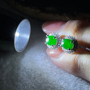 Natural Type A Omphacite Spicy Green Jadeite Cabochon Earrings in S925 Silver | (2.65g | 8.0 x 6.0 x 2.5mm x 2 Pcs | "Shuāng Xǐ Lín Mén" Double Joy Anchor, Feng Shui Abundance & Executive Elegance Earring Pair) - Huangs Jadeite and Jewelry Pte Ltd
