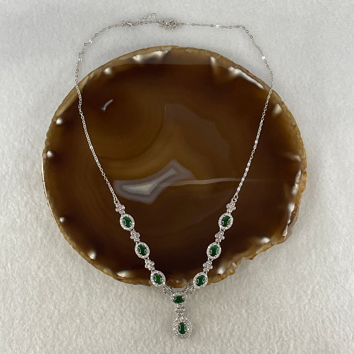 Natural Type A Omphacite Green Jadeite Cabochon Necklace in S925 Silver | (12.71g | 48–52cm | 7.0 x 5.0 x 2.5mm x 8 Pcs | Infinite Prosperity Anchor, Feng Shui Abundance & Executive Charm Necklace) - Huangs Jadeite and Jewelry Pte Ltd
