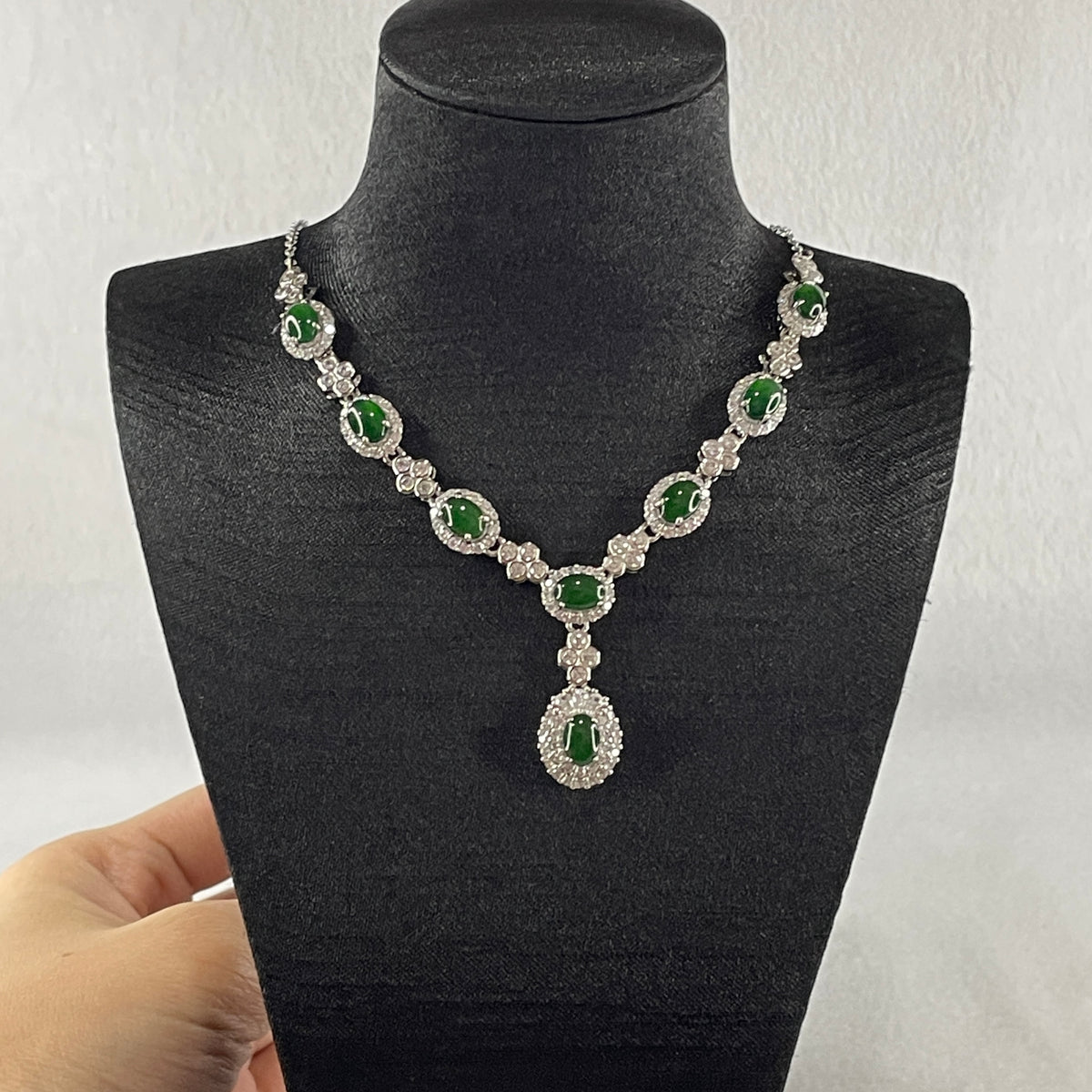 Natural Type A Omphacite Green Jadeite Cabochon Necklace in S925 Silver | (12.71g | 48–52cm | 7.0 x 5.0 x 2.5mm x 8 Pcs | Infinite Prosperity Anchor, Feng Shui Abundance & Executive Charm Necklace) - Huangs Jadeite and Jewelry Pte Ltd