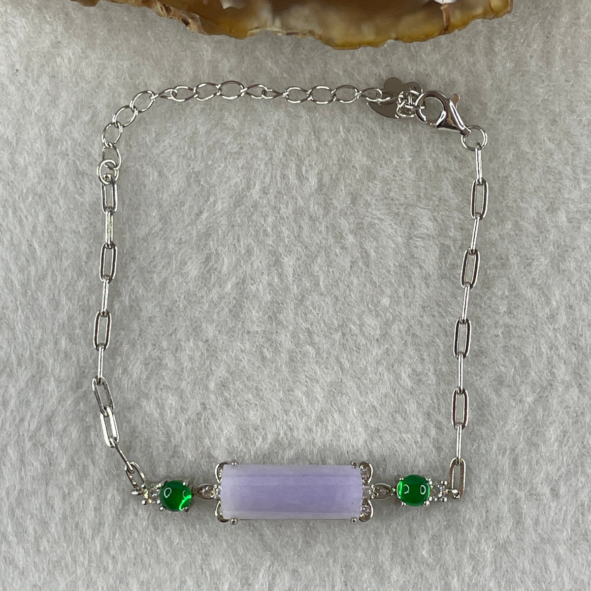 Natural Type A Lavender Jadeite Lulutong with Green Glass Accent in S925 Silver Bracelet | (4.93g | 13–17cm | 18.0 x 7.0 x 4.0mm | "Lù Lù Tōng" Smooth Fortune Anchor, Feng Shui Abundance Strand) - Huangs Jadeite and Jewelry Pte Ltd